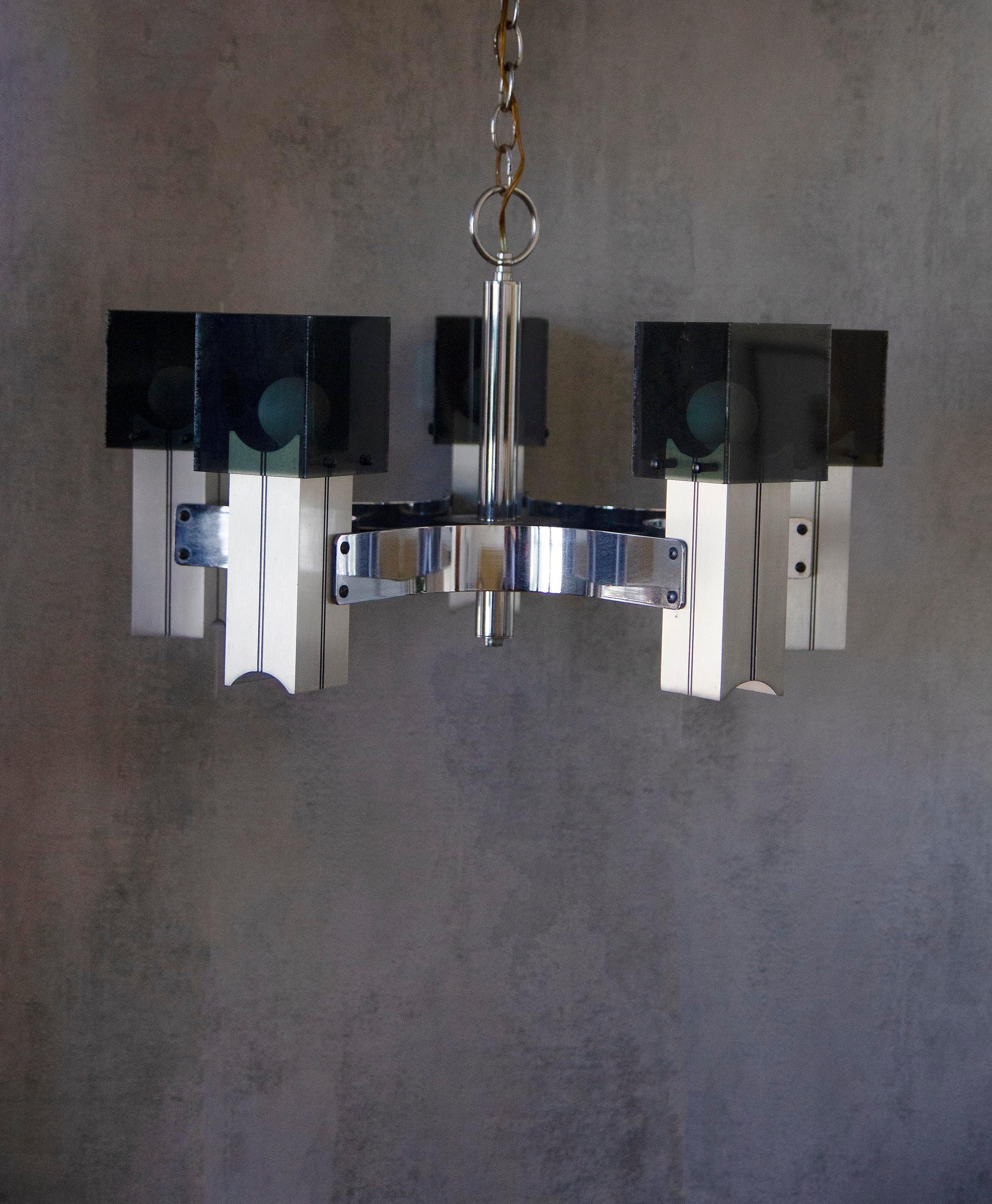 Italian 1970s Sciolari Chrome and Cast Smoked Glass Ice Cube Chandelier For Sale