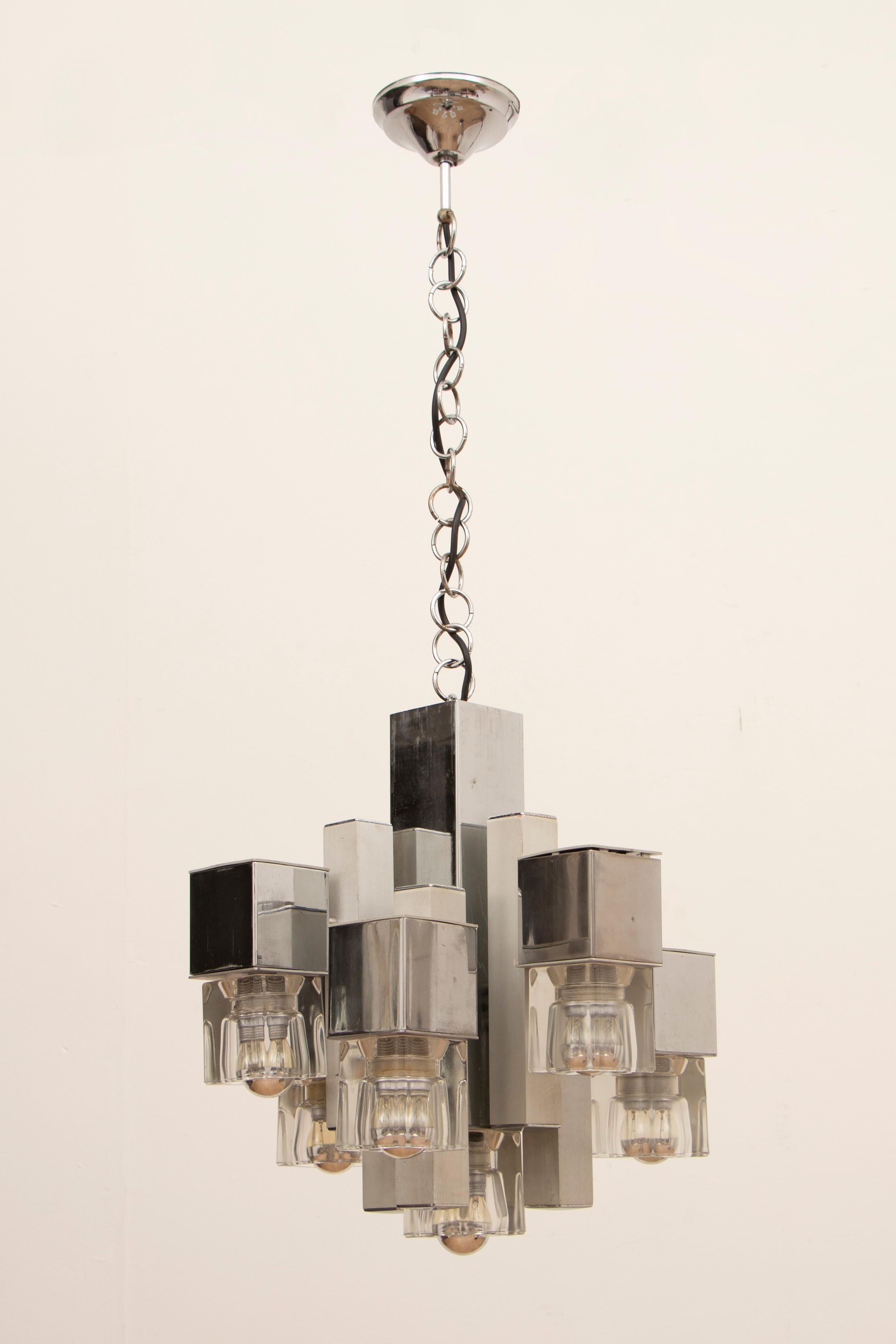 20th Century 1970s Sciolari Chrome & Glass Cubic Abstract Hanging Light Chandelier