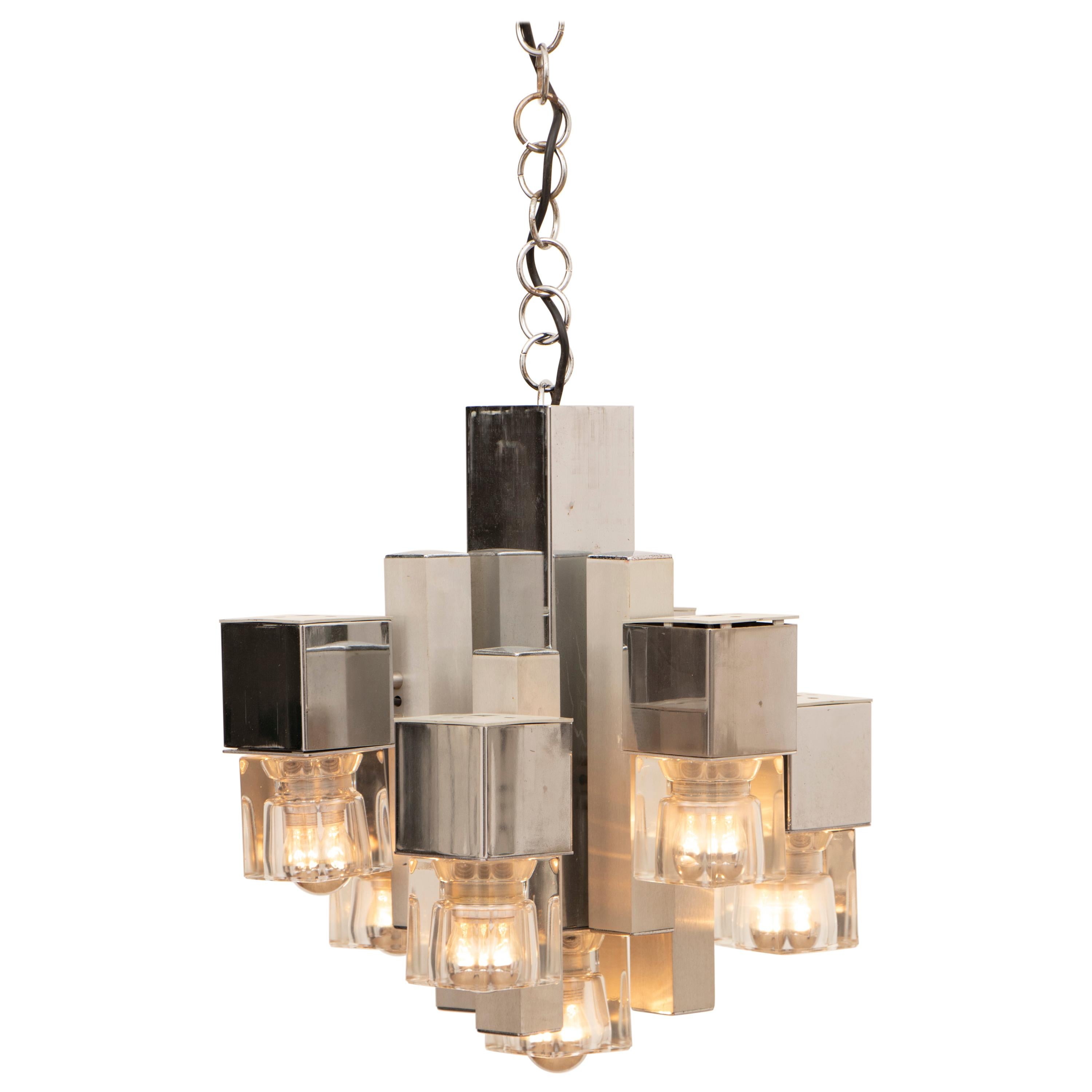 1970s Sciolari Chrome & Glass Cubic Abstract Hanging Light Chandelier