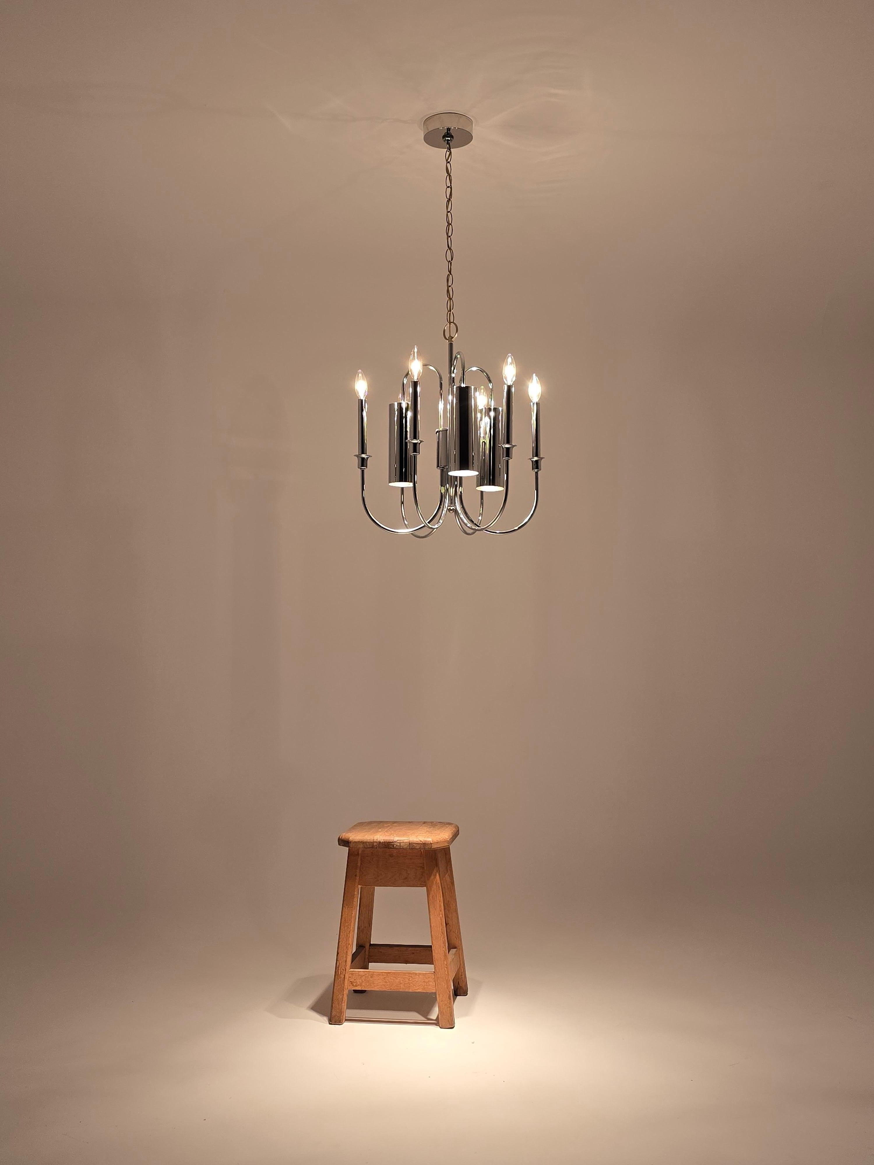 Lámpara de araña cromada de 9 brazos estilo Sciolari de los años 70 con 3 luces hacia abajo en venta 4