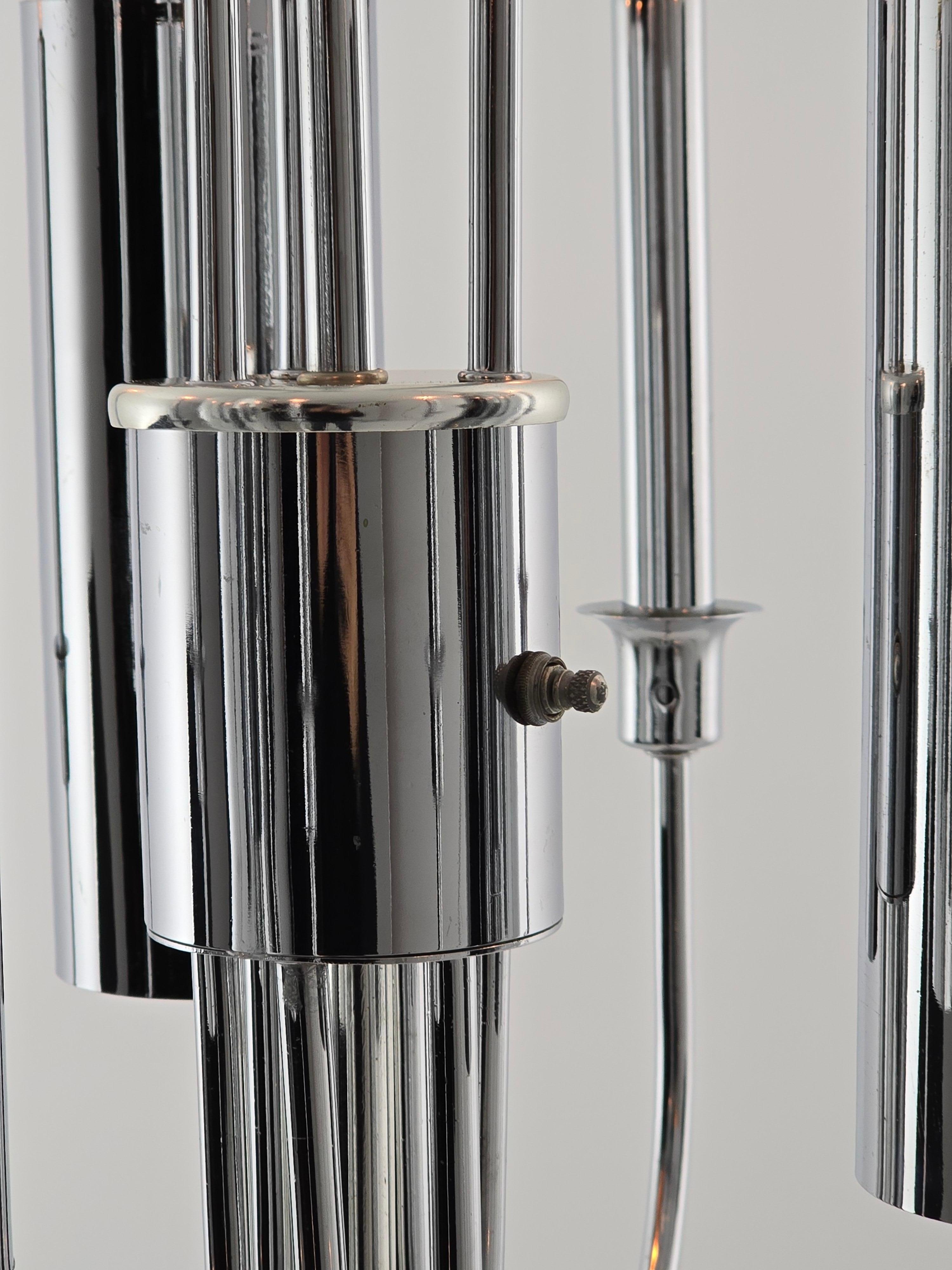 Lámpara de araña cromada de 9 brazos estilo Sciolari de los años 70 con 3 luces hacia abajo en venta 5