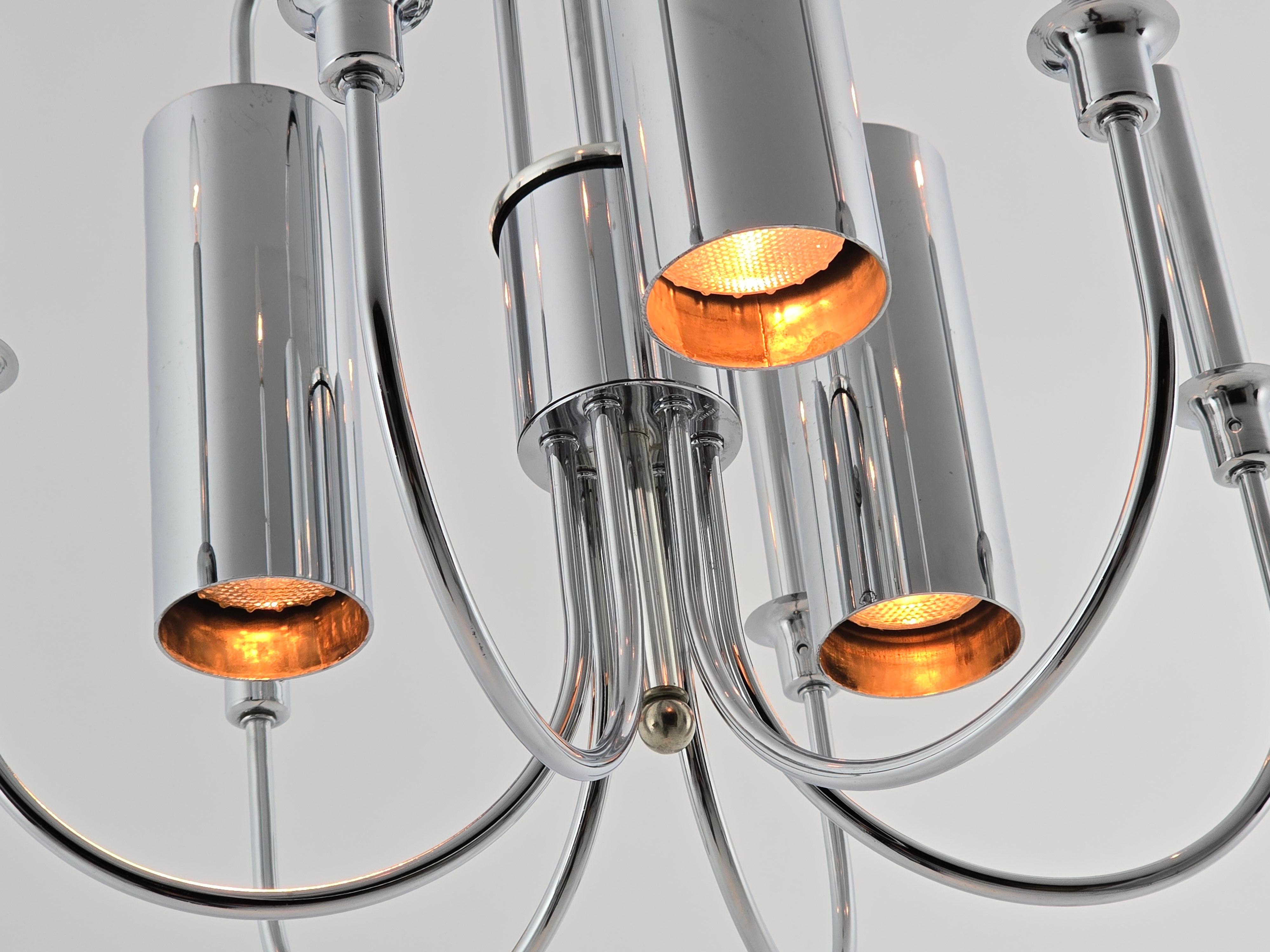 Lámpara de araña cromada de 9 brazos estilo Sciolari de los años 70 con 3 luces hacia abajo Moderno de mediados de siglo en venta