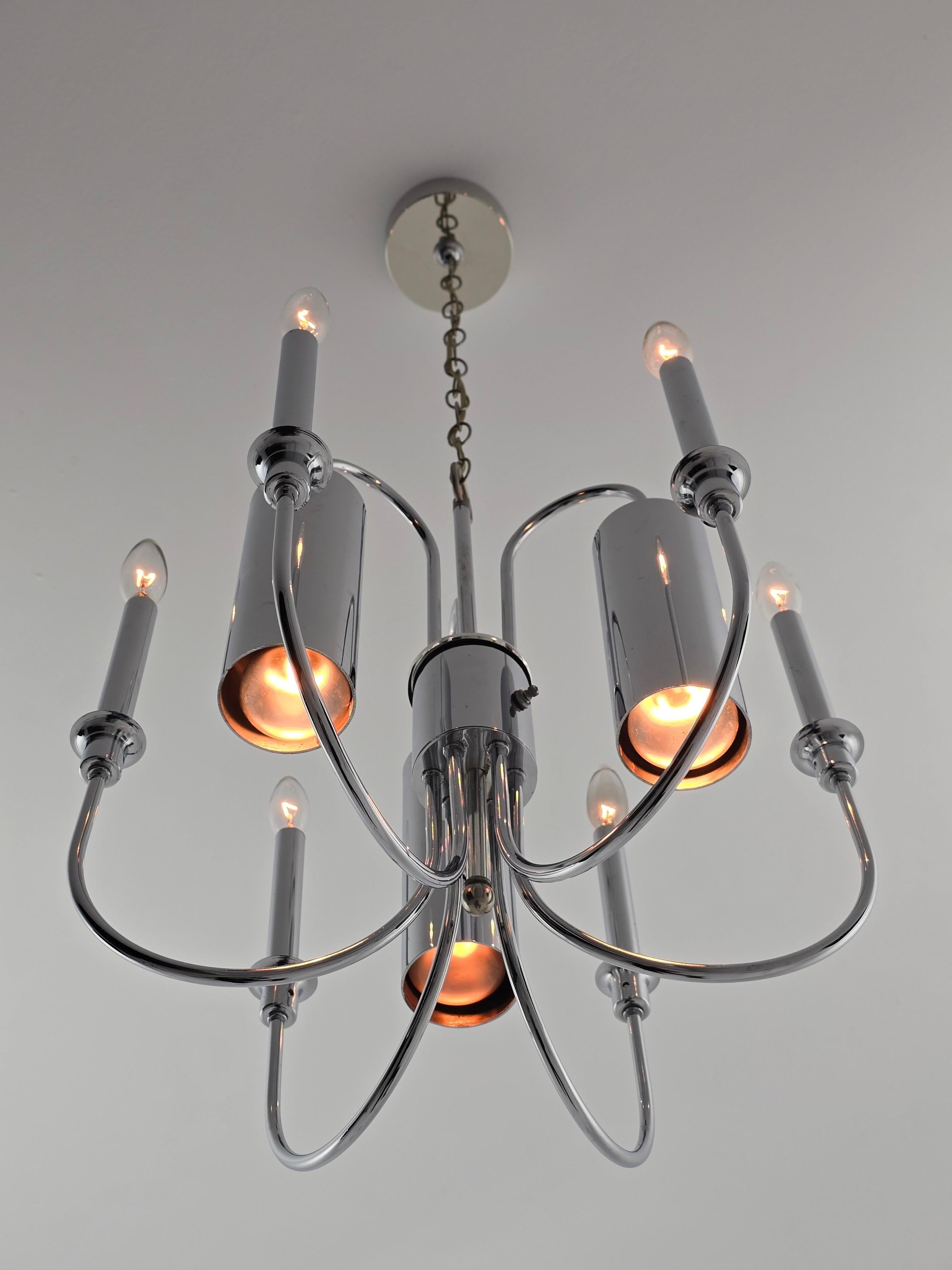 Lámpara de araña cromada de 9 brazos estilo Sciolari de los años 70 con 3 luces hacia abajo finales del siglo XX en venta