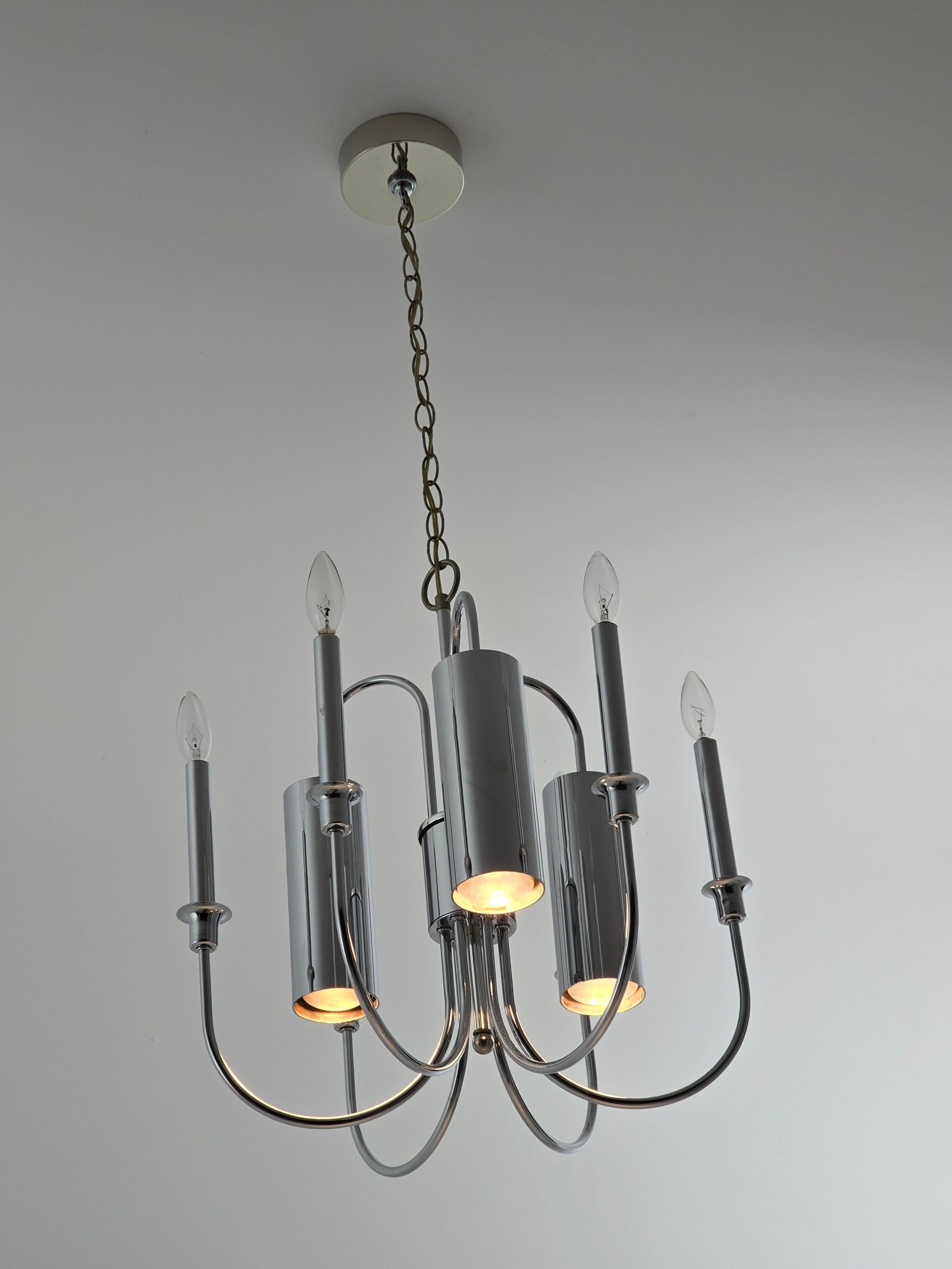 Lámpara de araña cromada de 9 brazos estilo Sciolari de los años 70 con 3 luces hacia abajo en venta 1