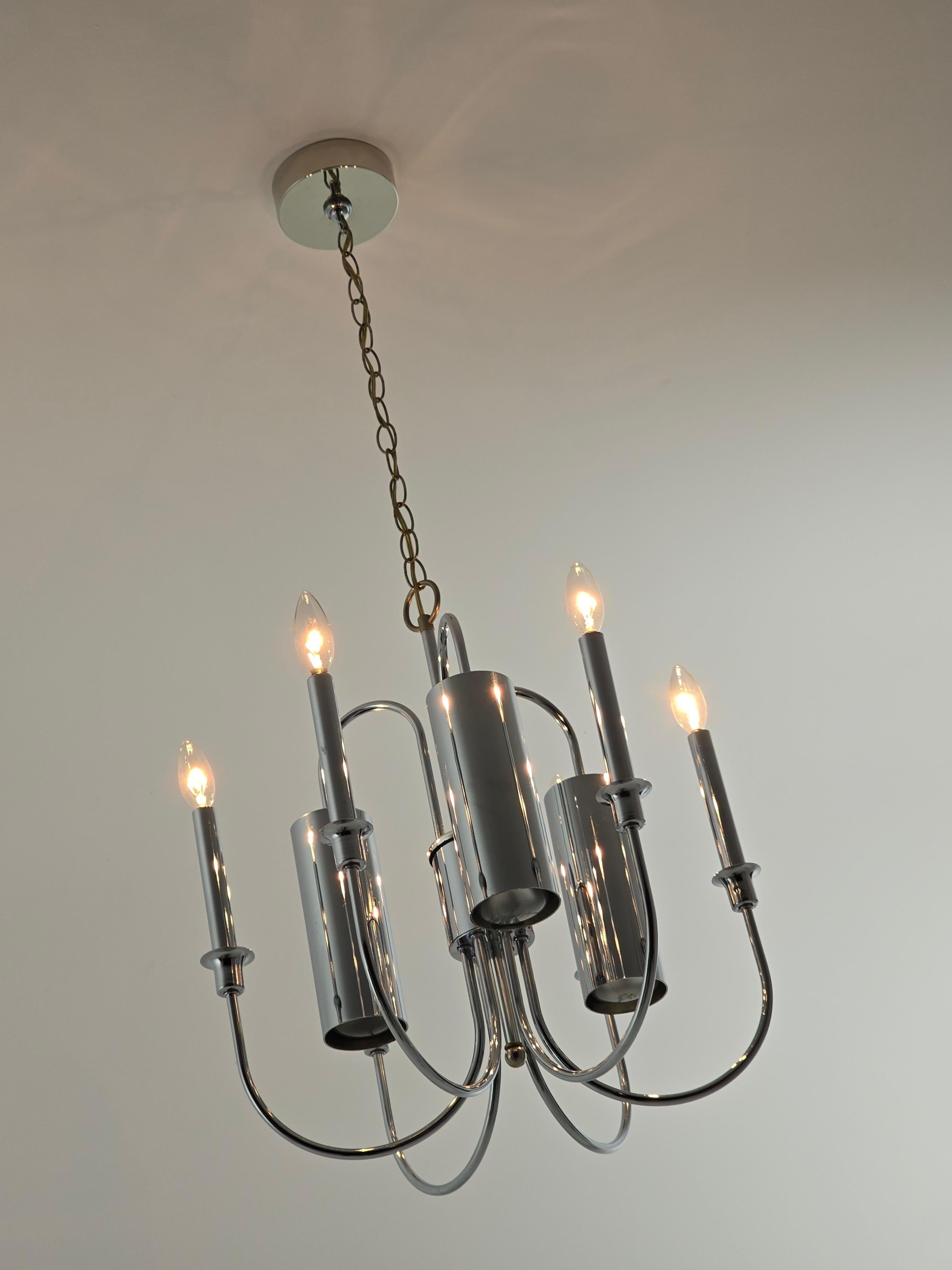 Lámpara de araña cromada de 9 brazos estilo Sciolari de los años 70 con 3 luces hacia abajo en venta 2