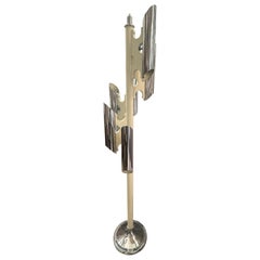 1970s Sciolari Style Space Age Chromed Metal and White Wood Italian Floor Lamp