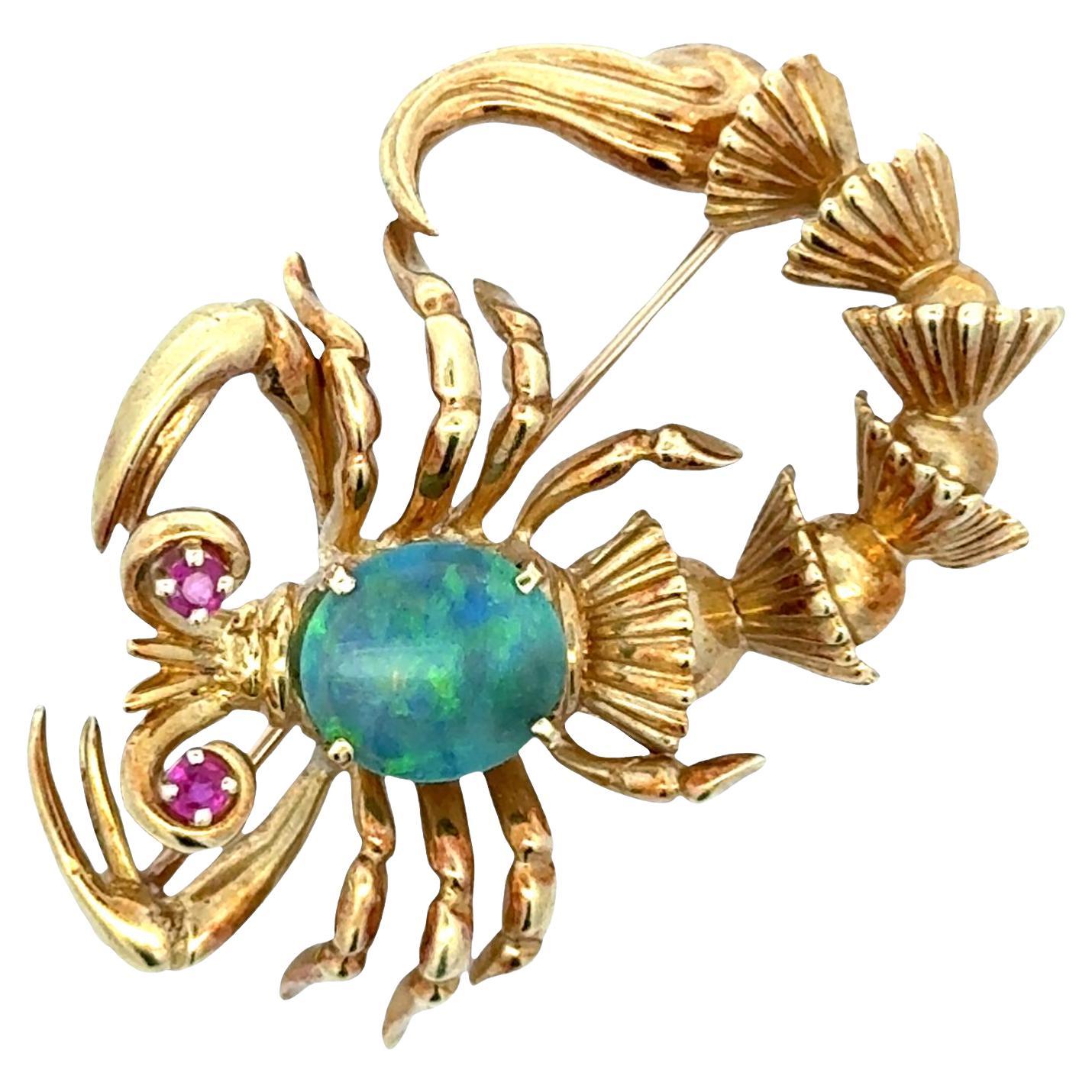 Spilla vintage anni '70 Scorpion Opal Ruby Accent in oro giallo 18 carati