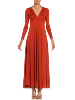 1970S SCOTT BARIE Burnt Orange Rayon Jersey Sexy Long Sleeve Gown