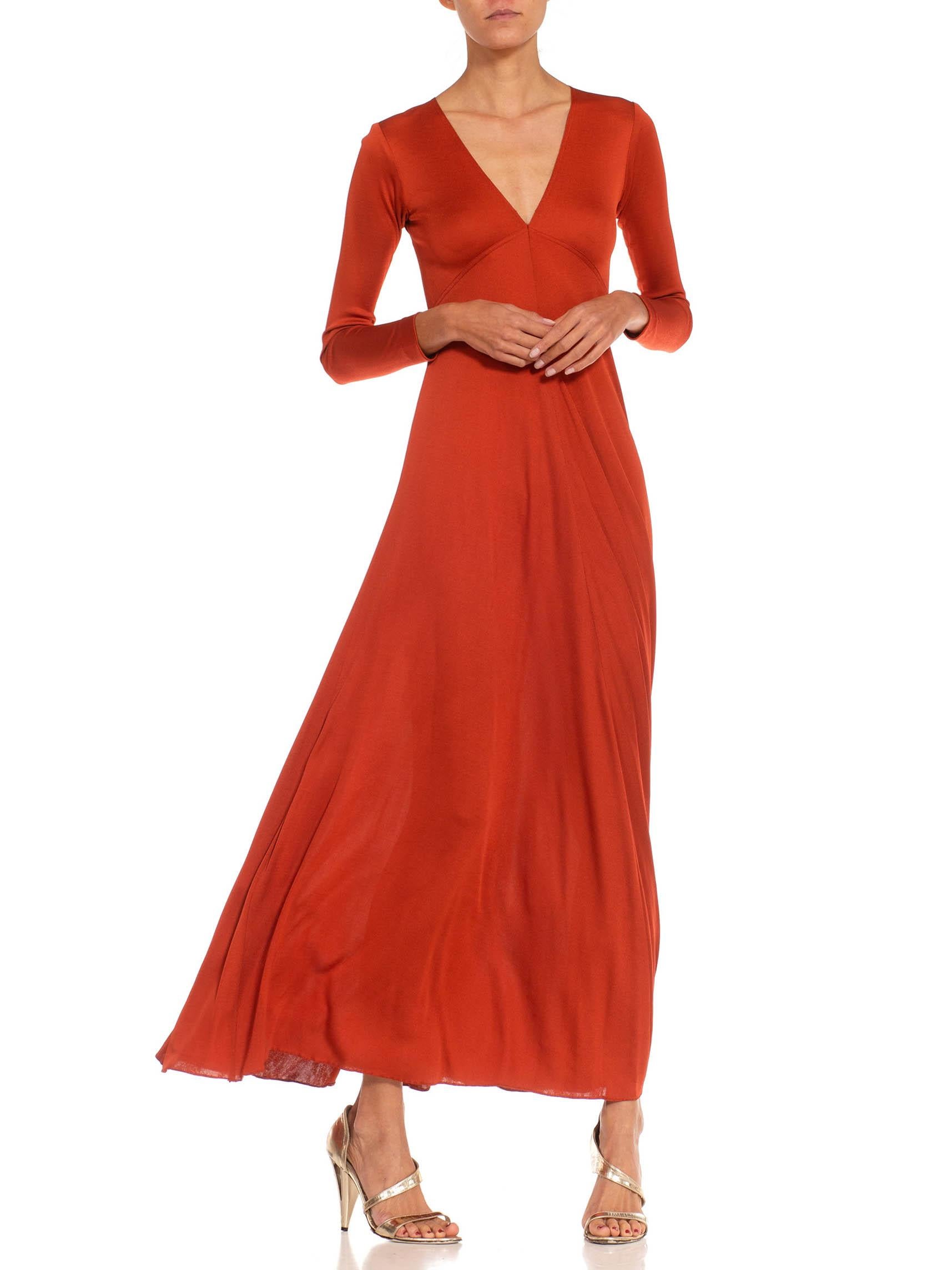 Red 1970S Scott Barie Burnt Orange Rayon Jersey Sexy Long Sleeve Gown For Sale
