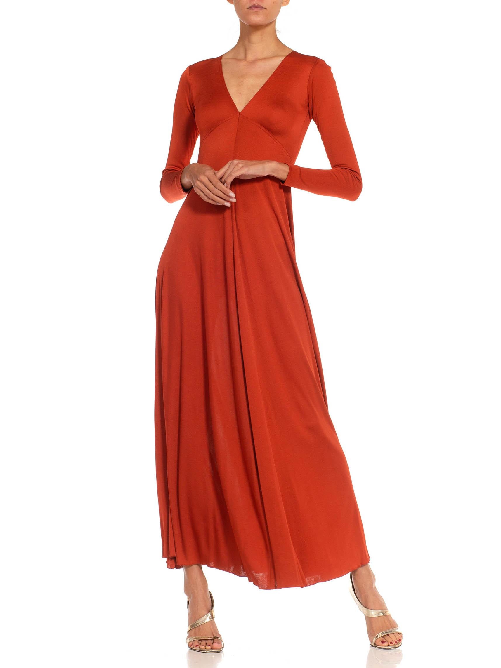1970S Scott Barie Burnt Orange Rayon Jersey Sexy Long Sleeve Gown In Excellent Condition For Sale In New York, NY
