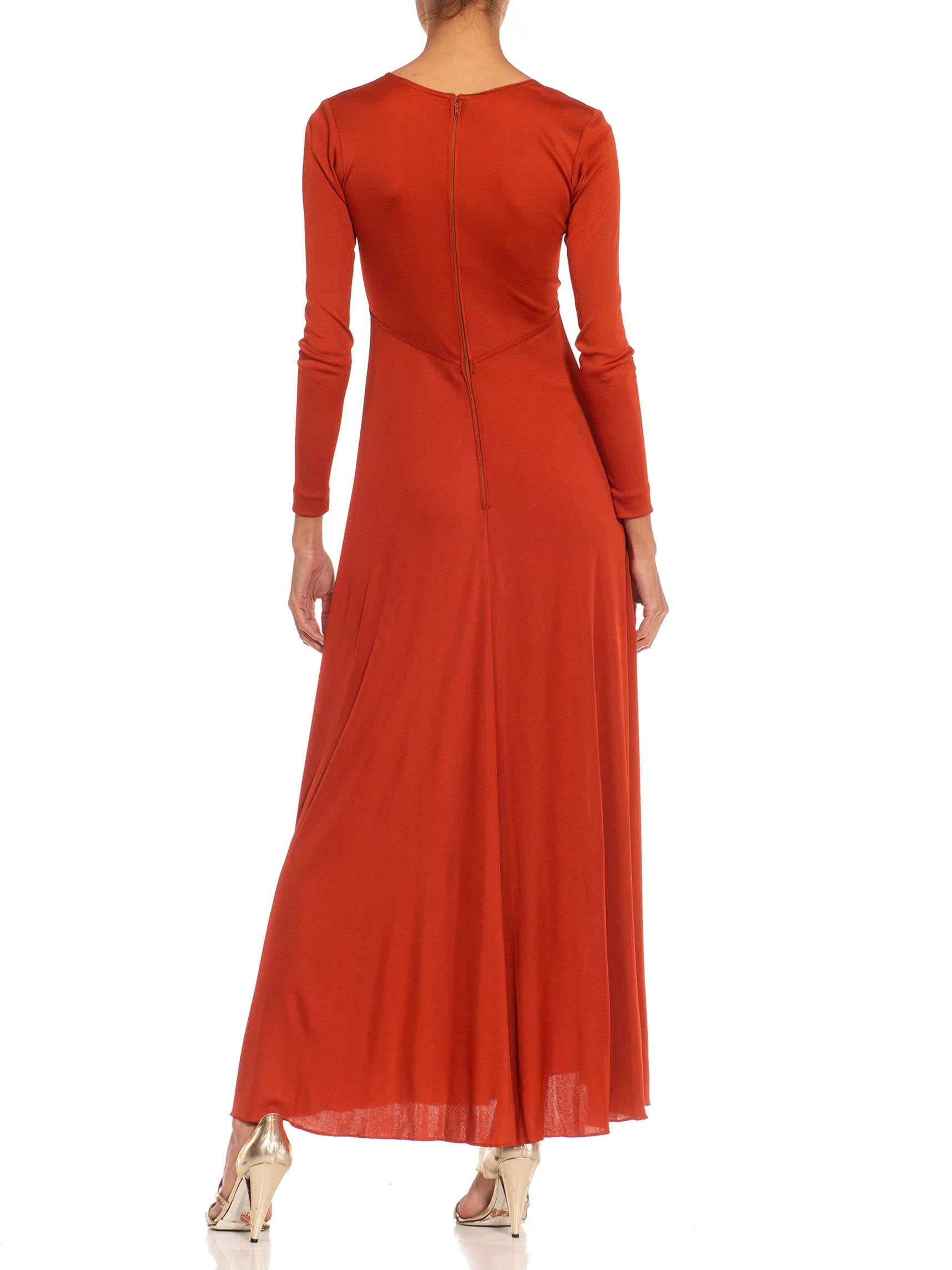 Women's 1970S Scott Barie Burnt Orange Rayon Jersey Sexy Long Sleeve Gown For Sale