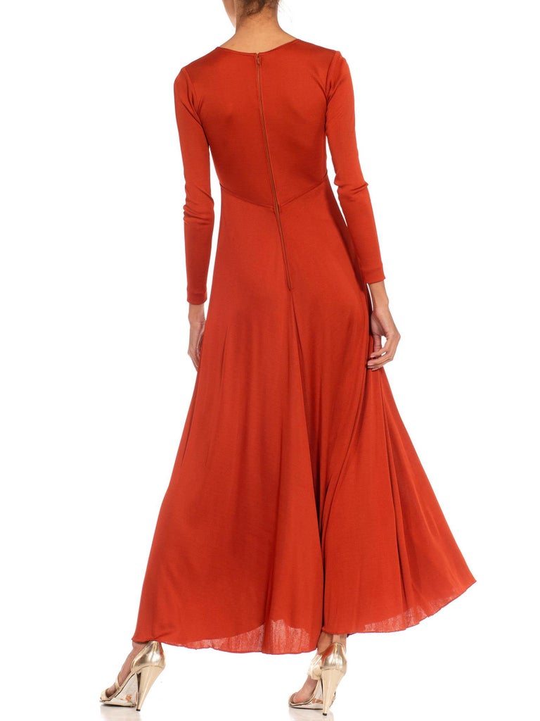 1970s Scott Barie Burnt Orange Rayon Jersey Sexy Long Sleeve Gown