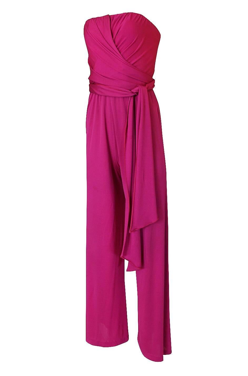 1970s Scott Barrie Multi Wrap Bodice Pink Silk Jersey Jumpsuit In Excellent Condition In Rockwood, ON