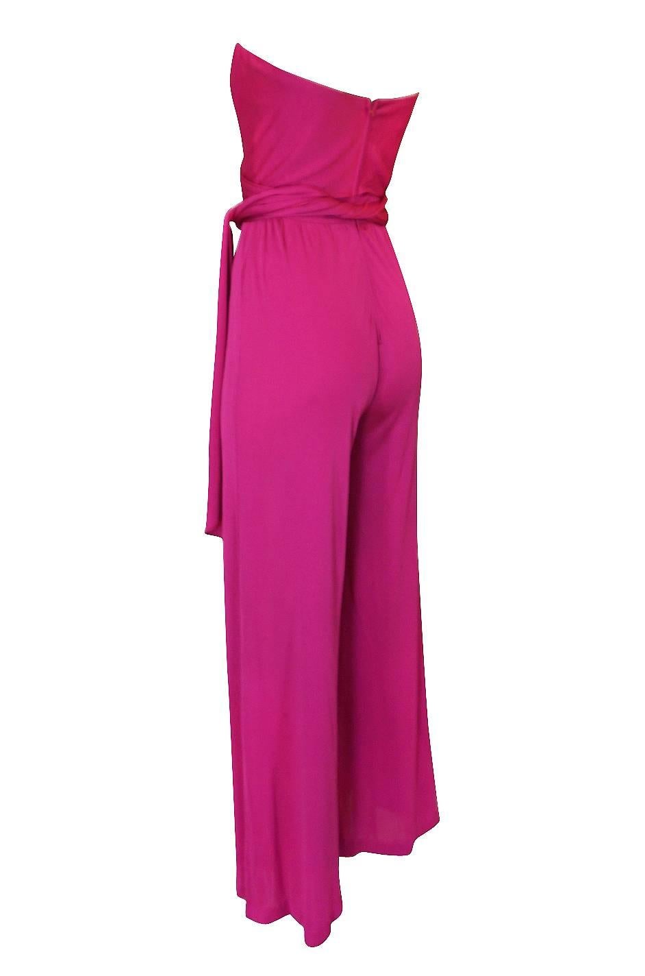Women's 1970s Scott Barrie Multi Wrap Bodice Pink Silk Jersey Jumpsuit