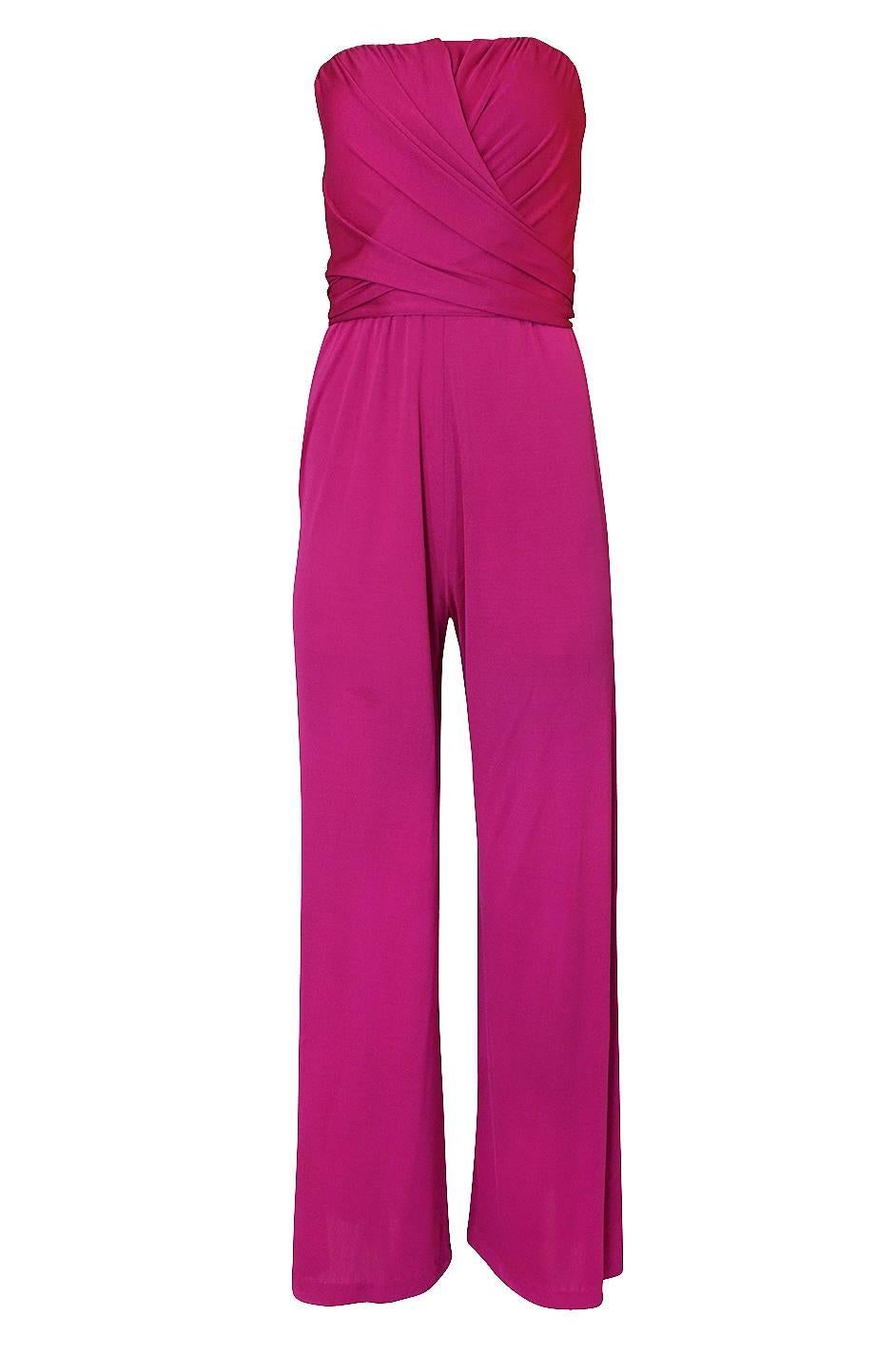1970s Scott Barrie Multi Wrap Bodice Pink Silk Jersey Jumpsuit 1
