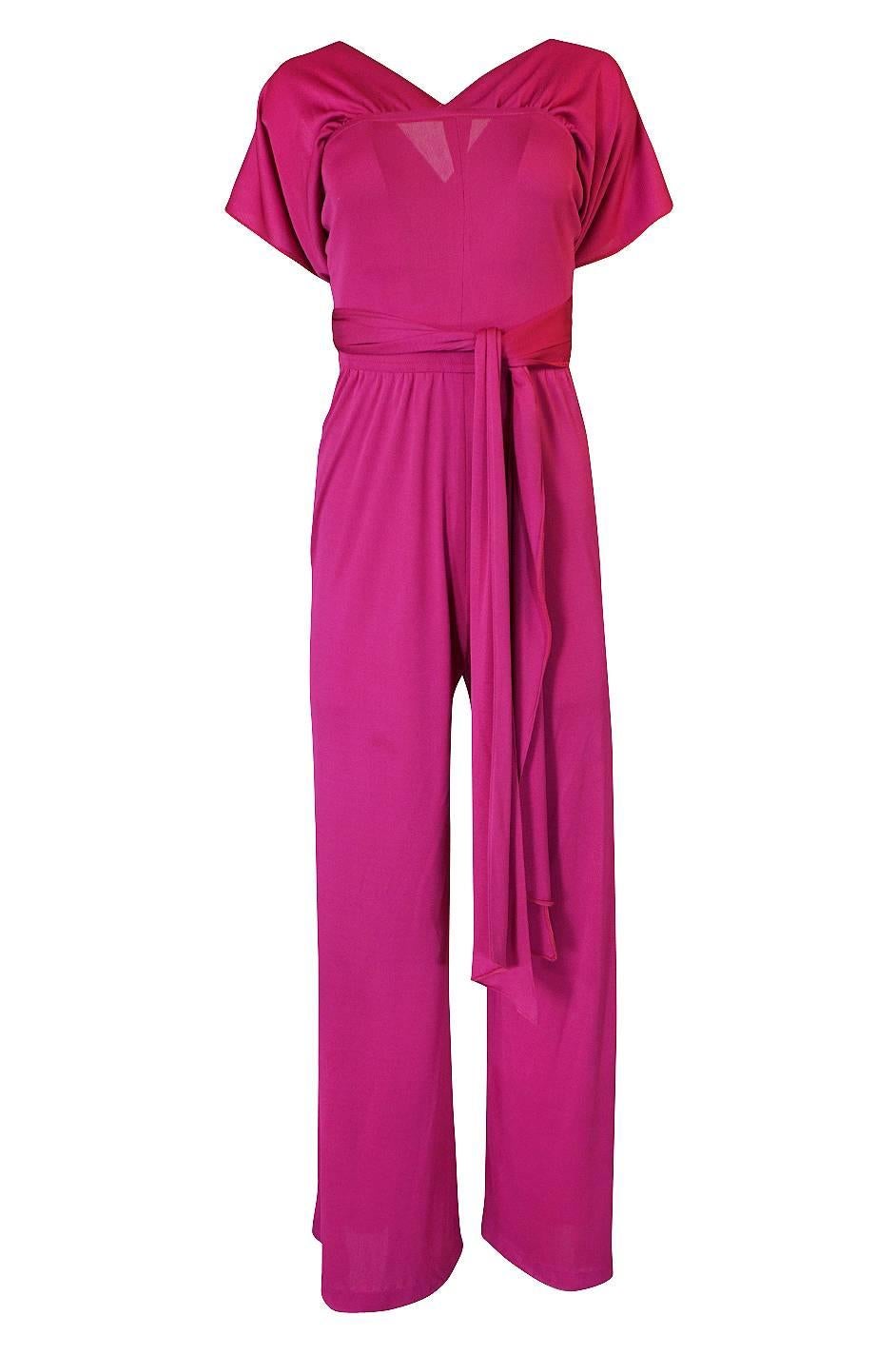 1970s Scott Barrie Multi Wrap Bodice Pink Silk Jersey Jumpsuit 2