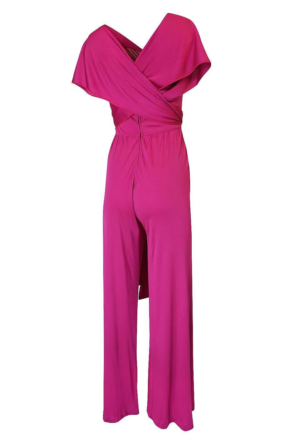 1970s Scott Barrie Multi Wrap Bodice Pink Silk Jersey Jumpsuit 3