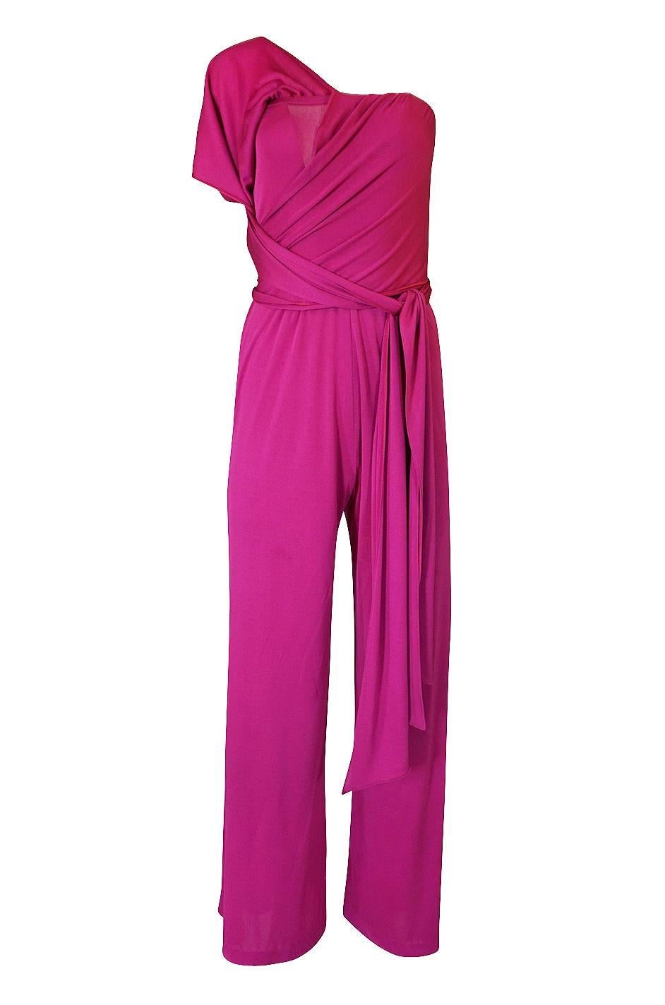 1970s Scott Barrie Multi Wrap Bodice Pink Silk Jersey Jumpsuit 4