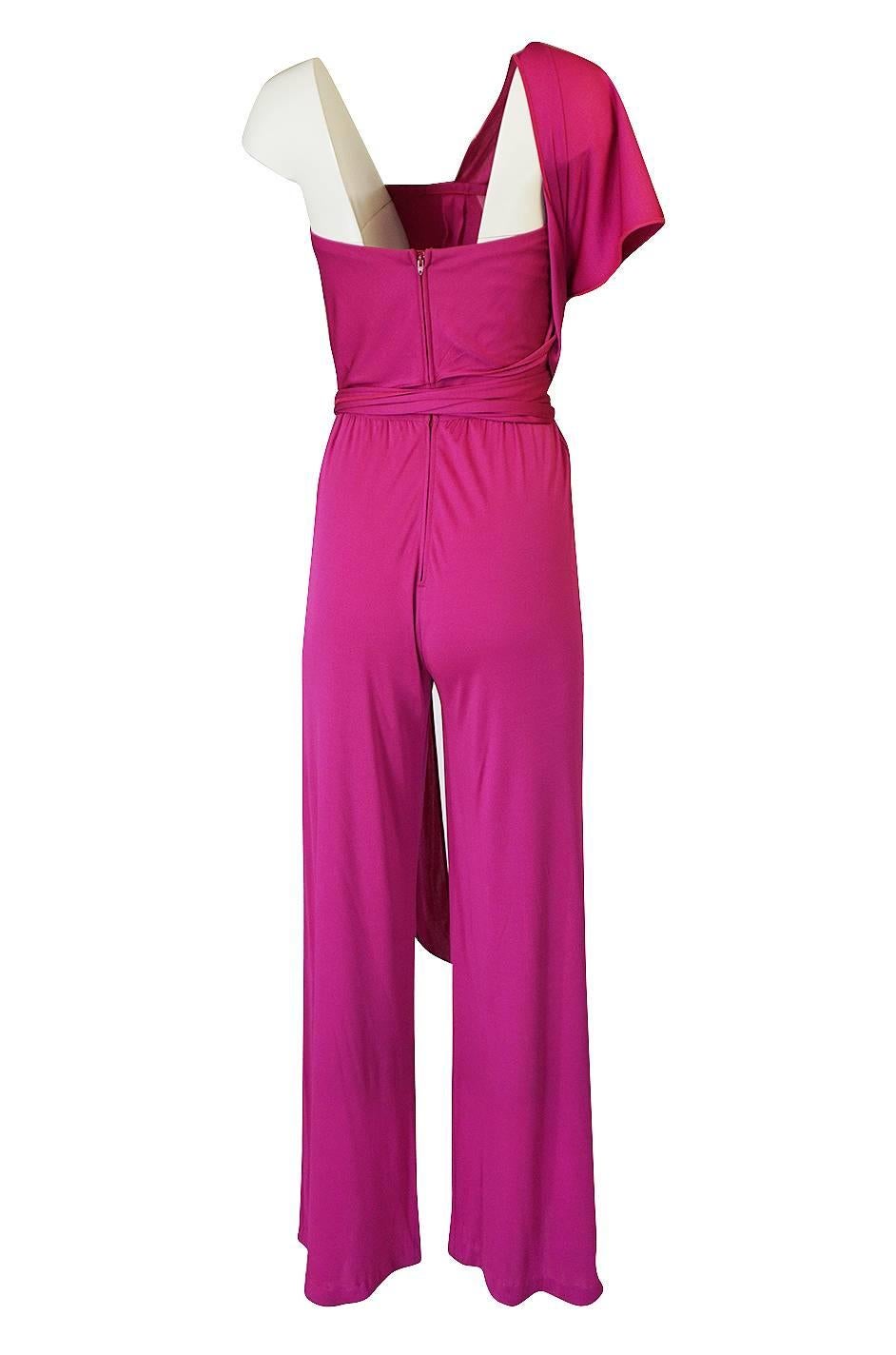 1970s Scott Barrie Multi Wrap Bodice Pink Silk Jersey Jumpsuit 5