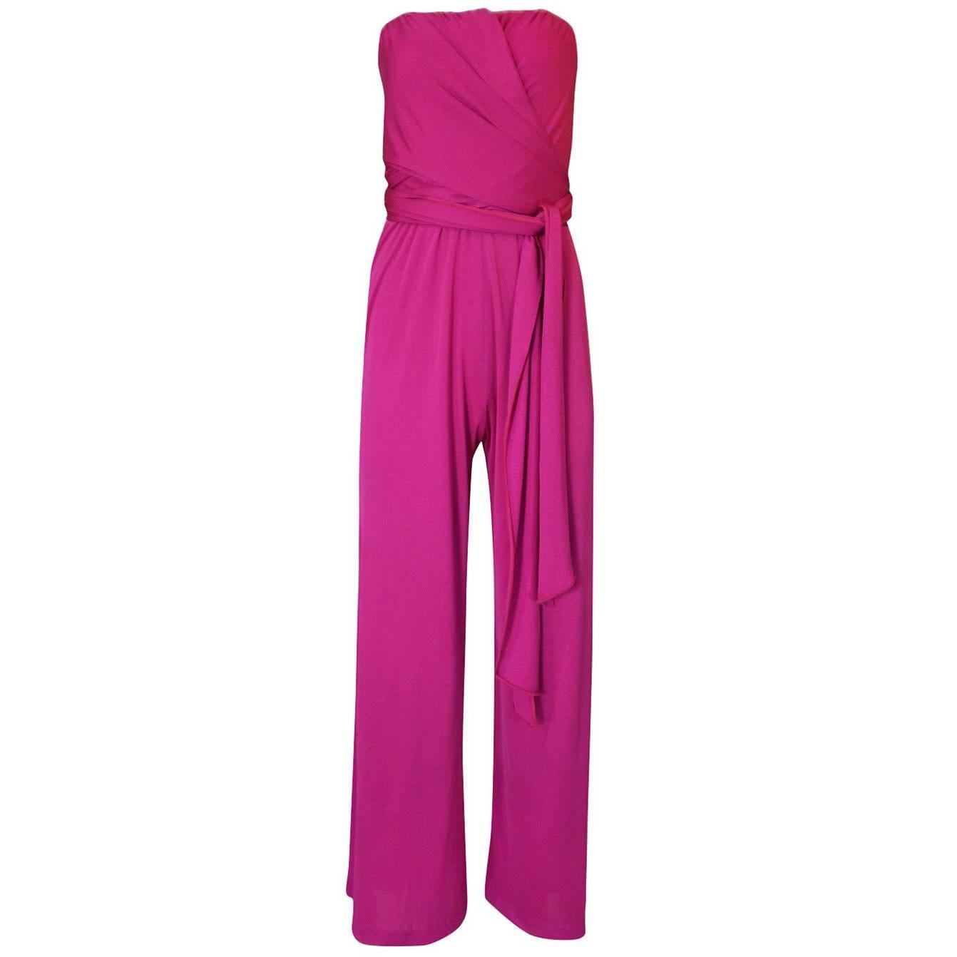 1970s Scott Barrie Multi Wrap Bodice Pink Silk Jersey Jumpsuit
