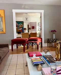 1970s Sculptural Arched Leg Rectangular Red Velvet Ottomans - A Pair