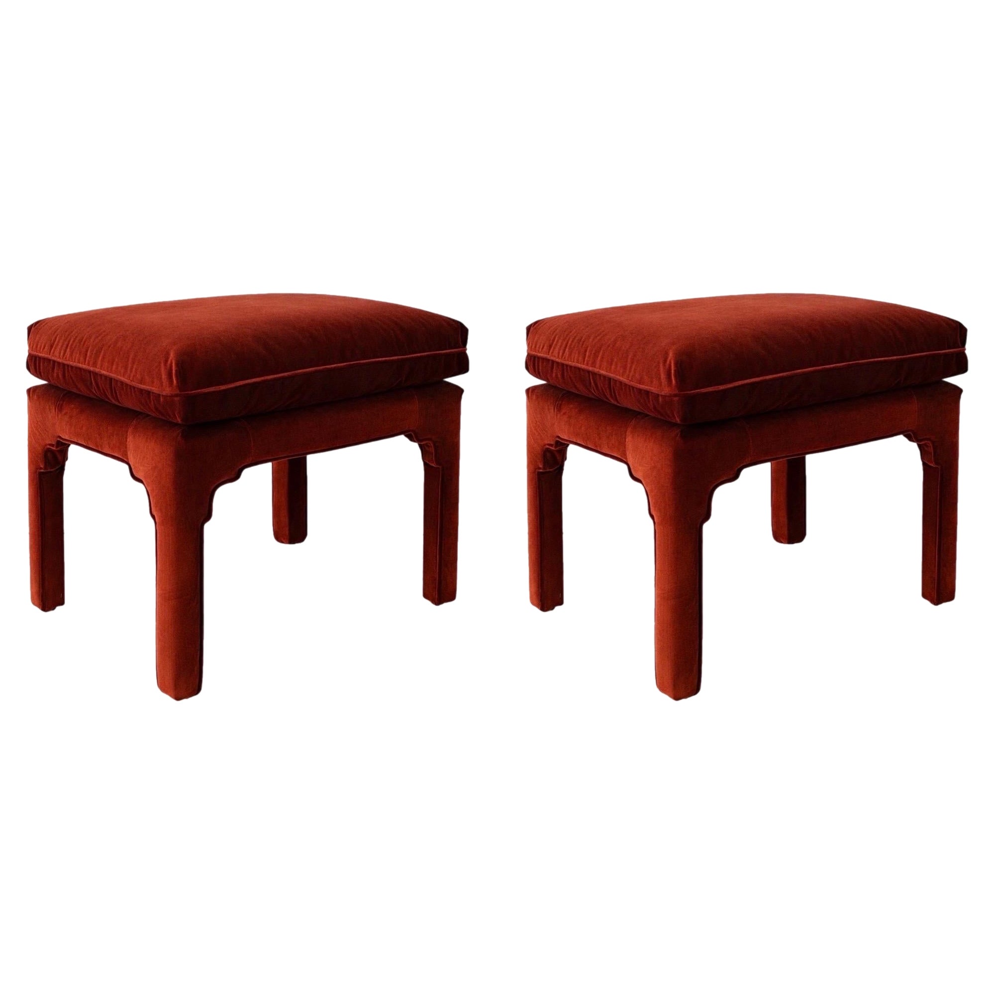1970s Sculptural Arched Leg Rectangular Red Velvet Ottomans - A Pair For Sale