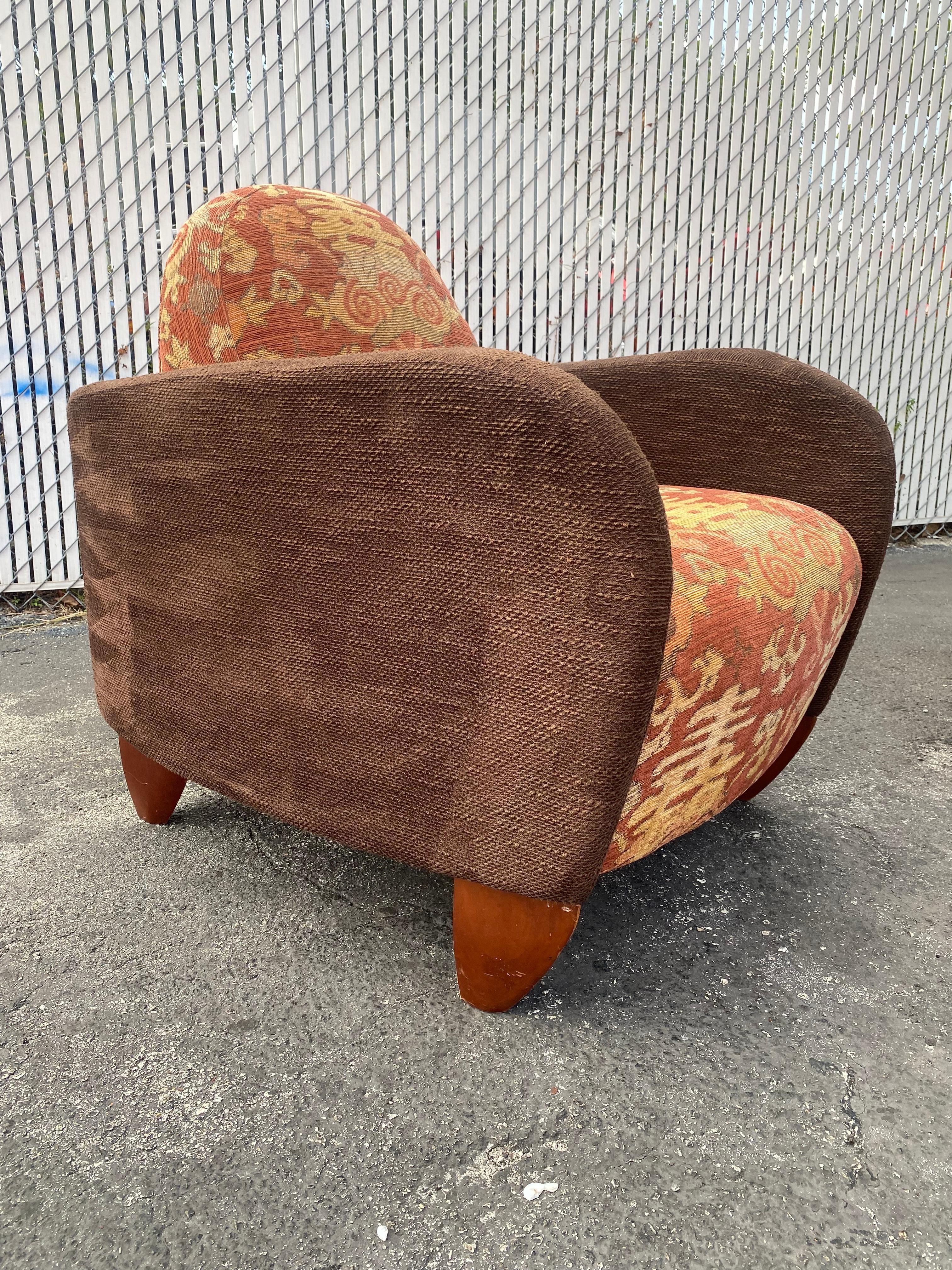 1970s Sculptural Art Deco Chenille Walnut Curved Chairs, Set of 2 For Sale 4