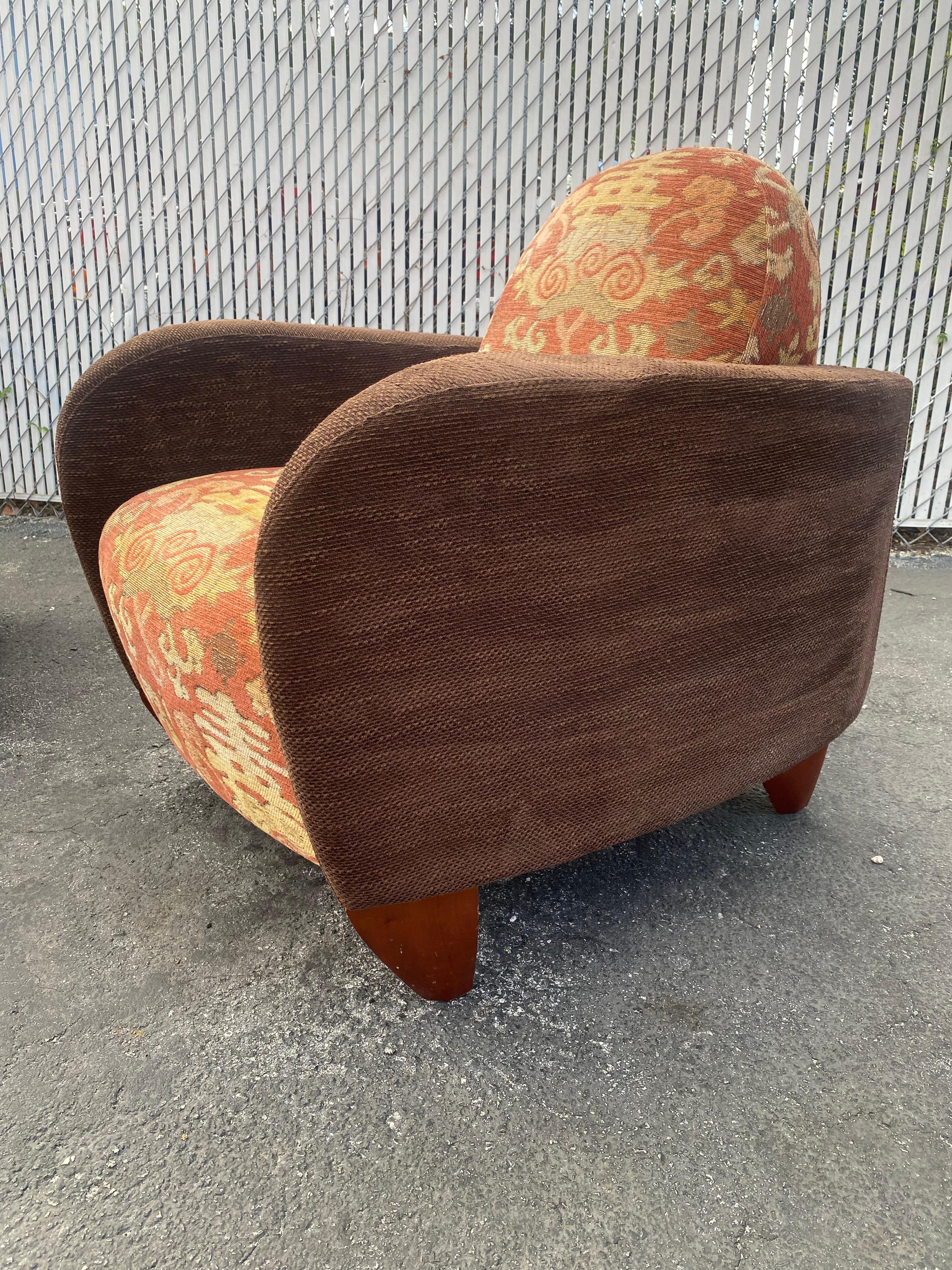 1970s Sculptural Art Deco Chenille Walnut Curved Chairs, Set of 2 For Sale 5