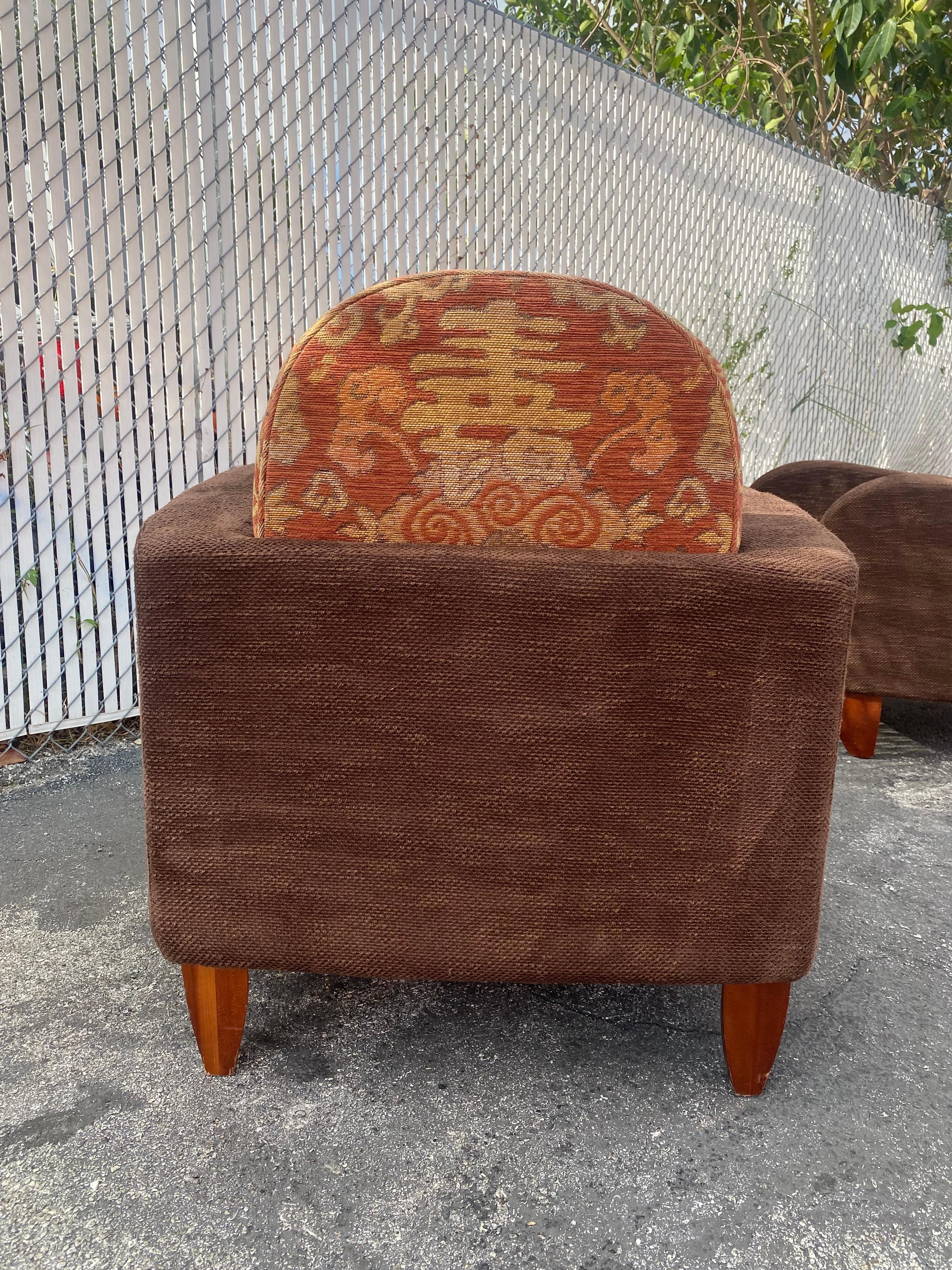 1970s Sculptural Art Deco Chenille Walnut Curved Chairs, Set of 2 For Sale 6