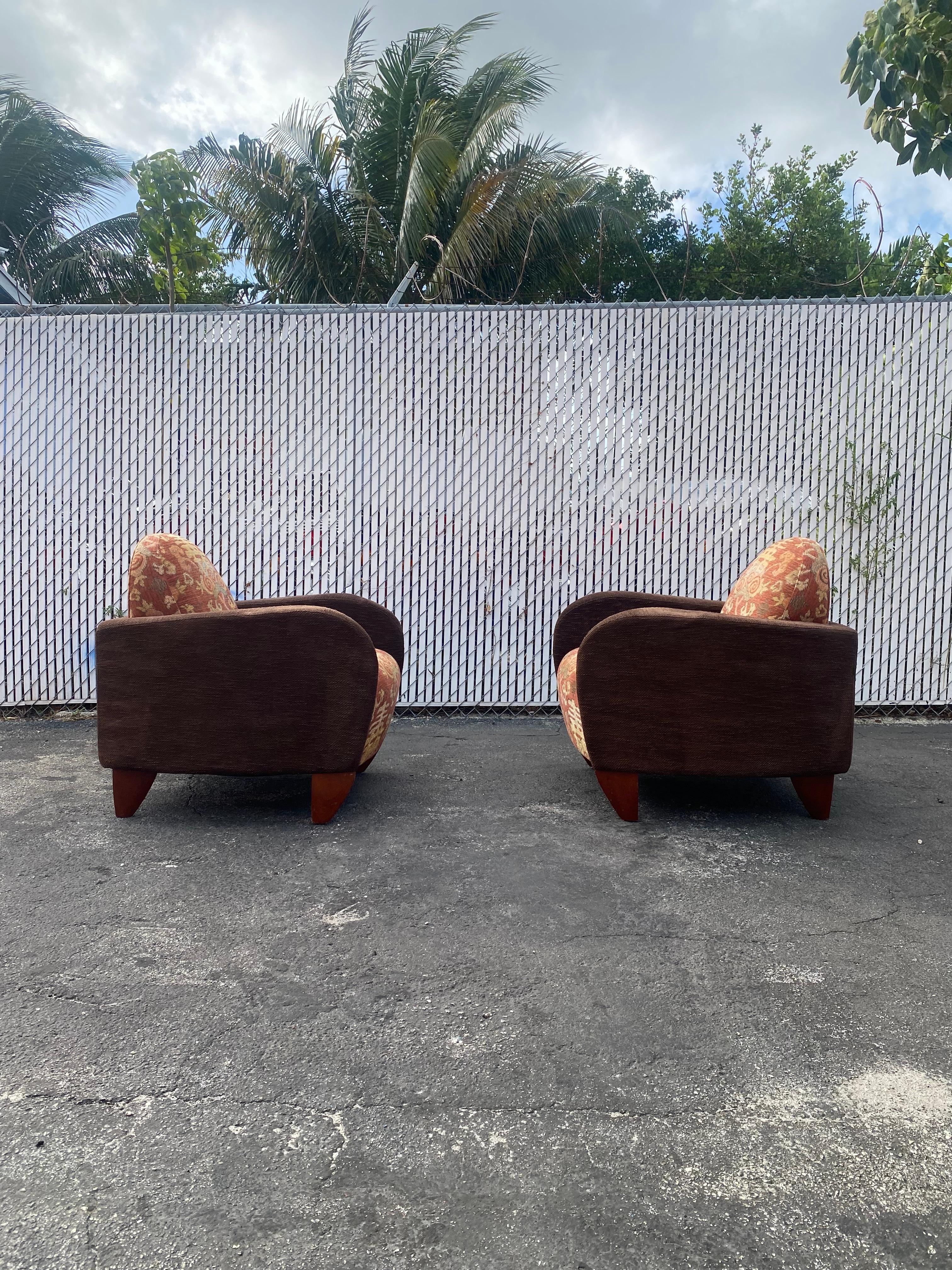 1970s Sculptural Art Deco Chenille Walnut Curved Chairs, Set of 2 For Sale 9