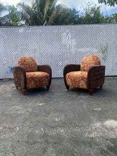 1970s Sculptural Art Deco Chenille Walnut Curved Chairs, Set of 2