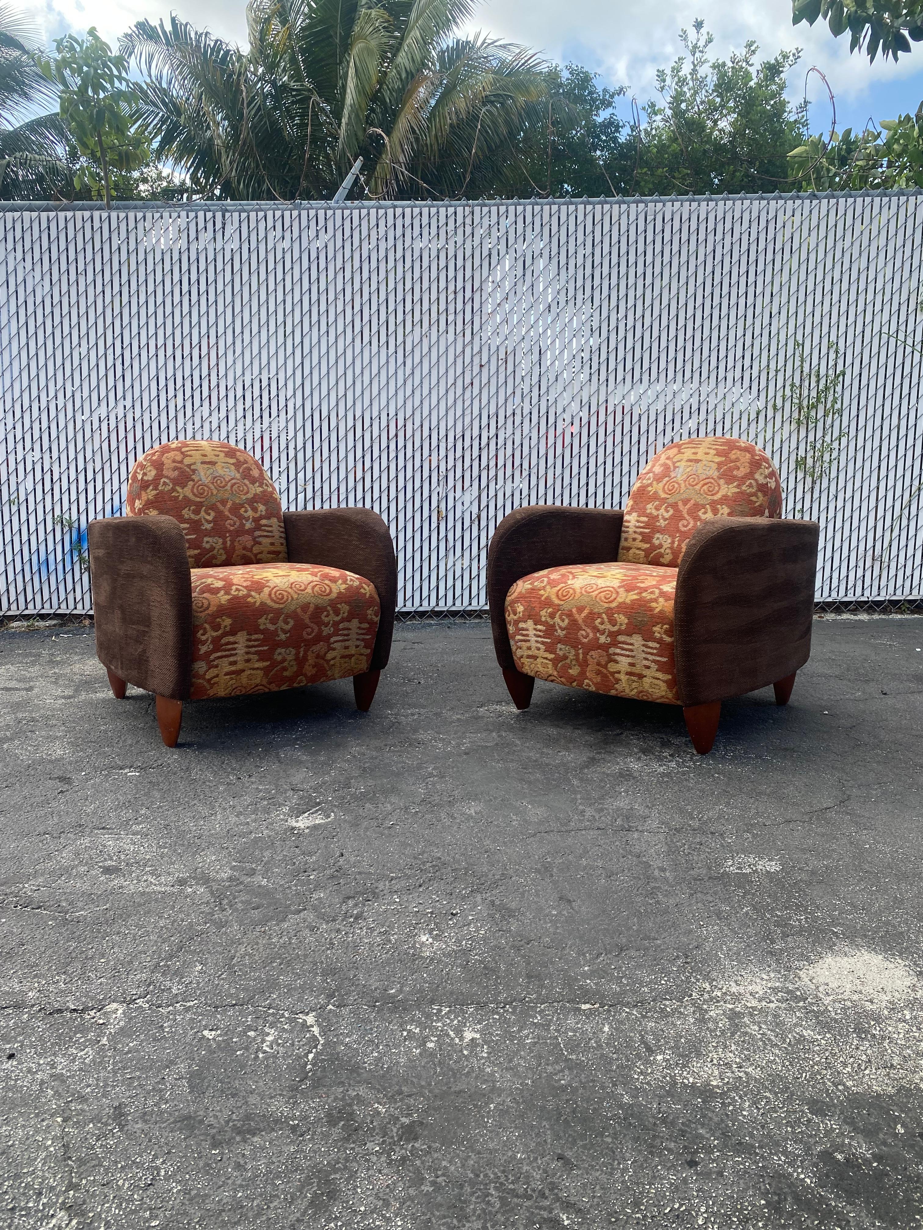 American 1970s Sculptural Art Deco Chenille Walnut Curved Chairs, Set of 2 For Sale