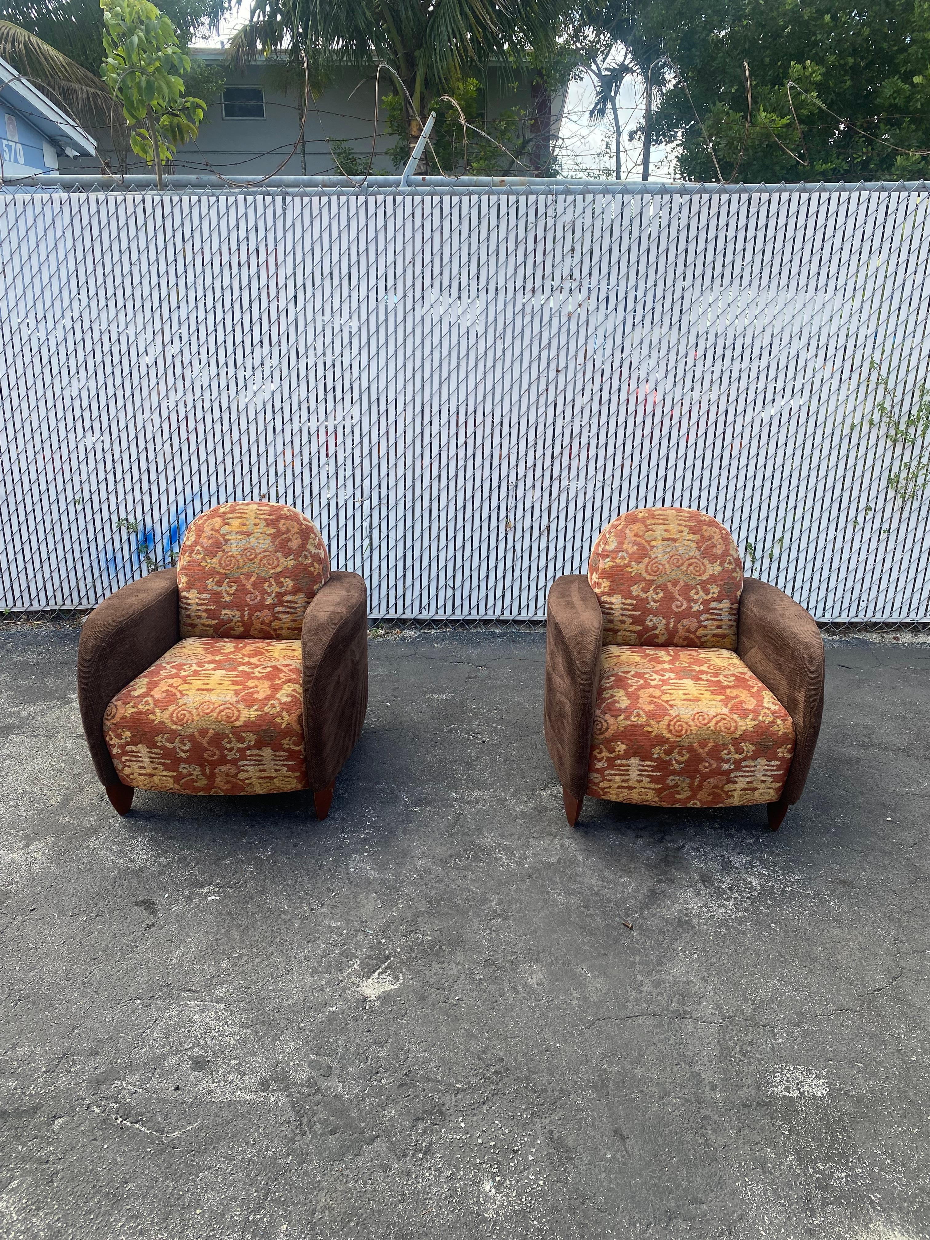 Late 20th Century 1970s Sculptural Art Deco Chenille Walnut Curved Chairs, Set of 2 For Sale