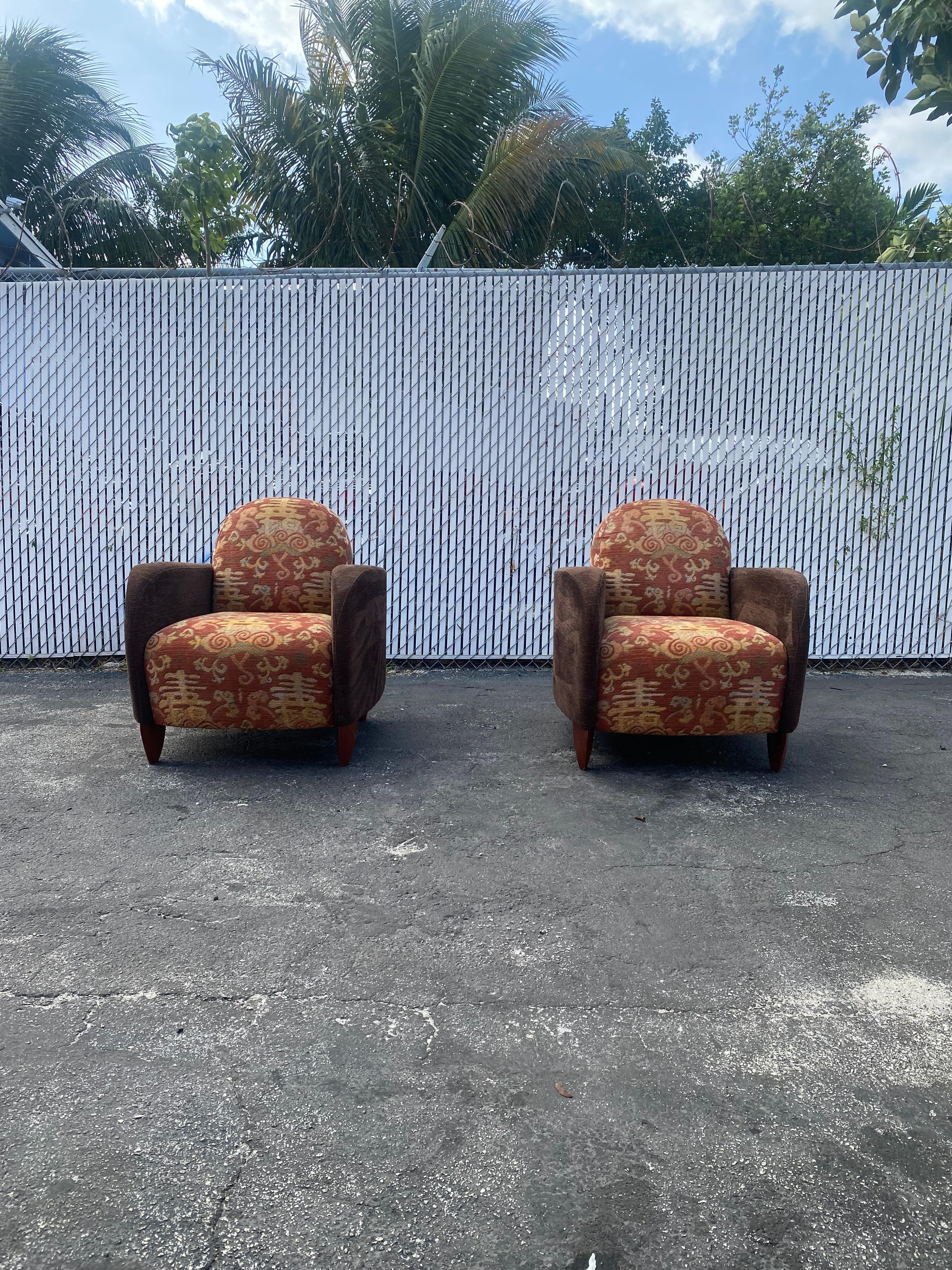 Upholstery 1970s Sculptural Art Deco Chenille Walnut Curved Chairs, Set of 2 For Sale