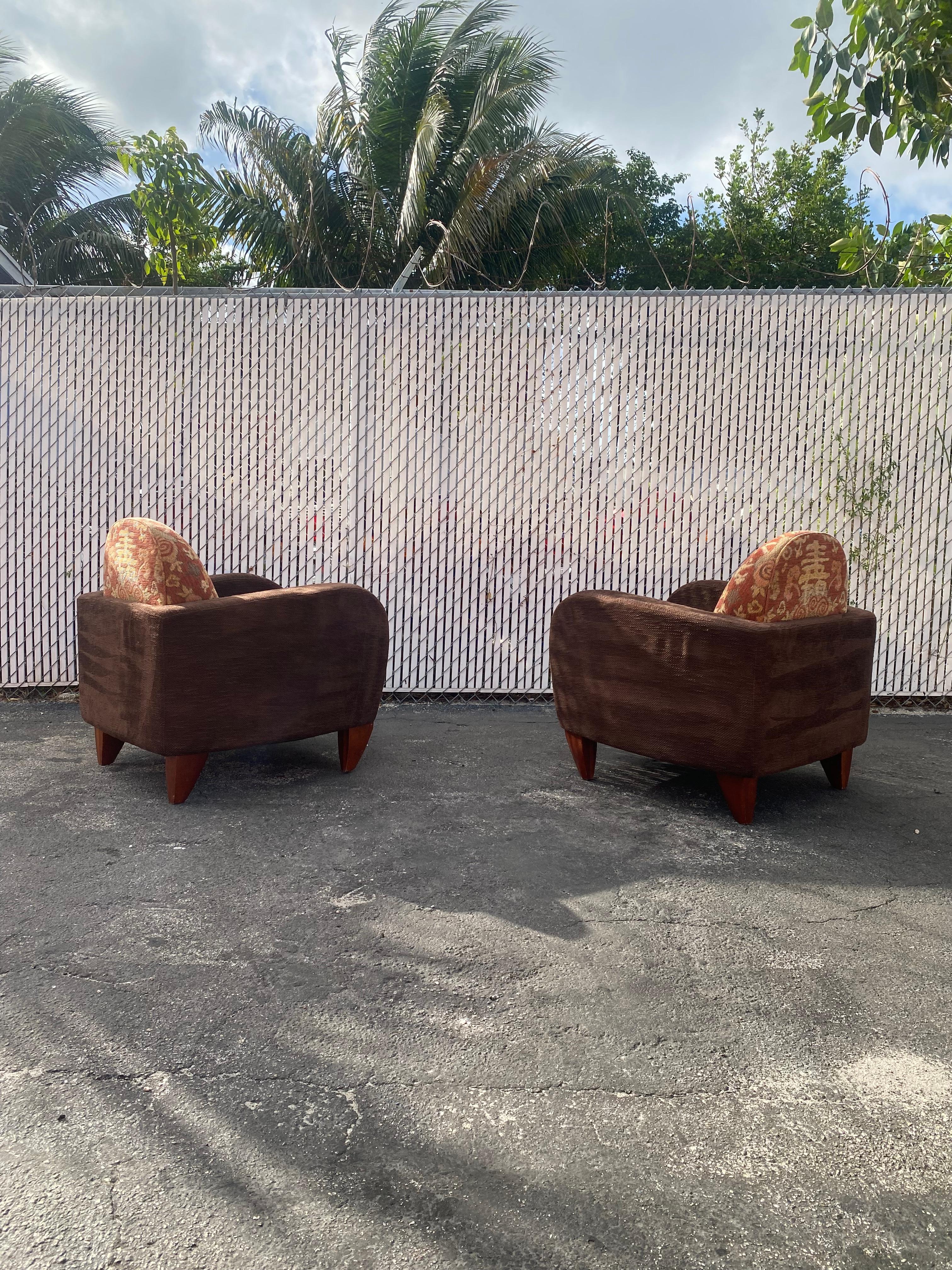 1970s Sculptural Art Deco Chenille Walnut Curved Chairs, Set of 2 For Sale 1