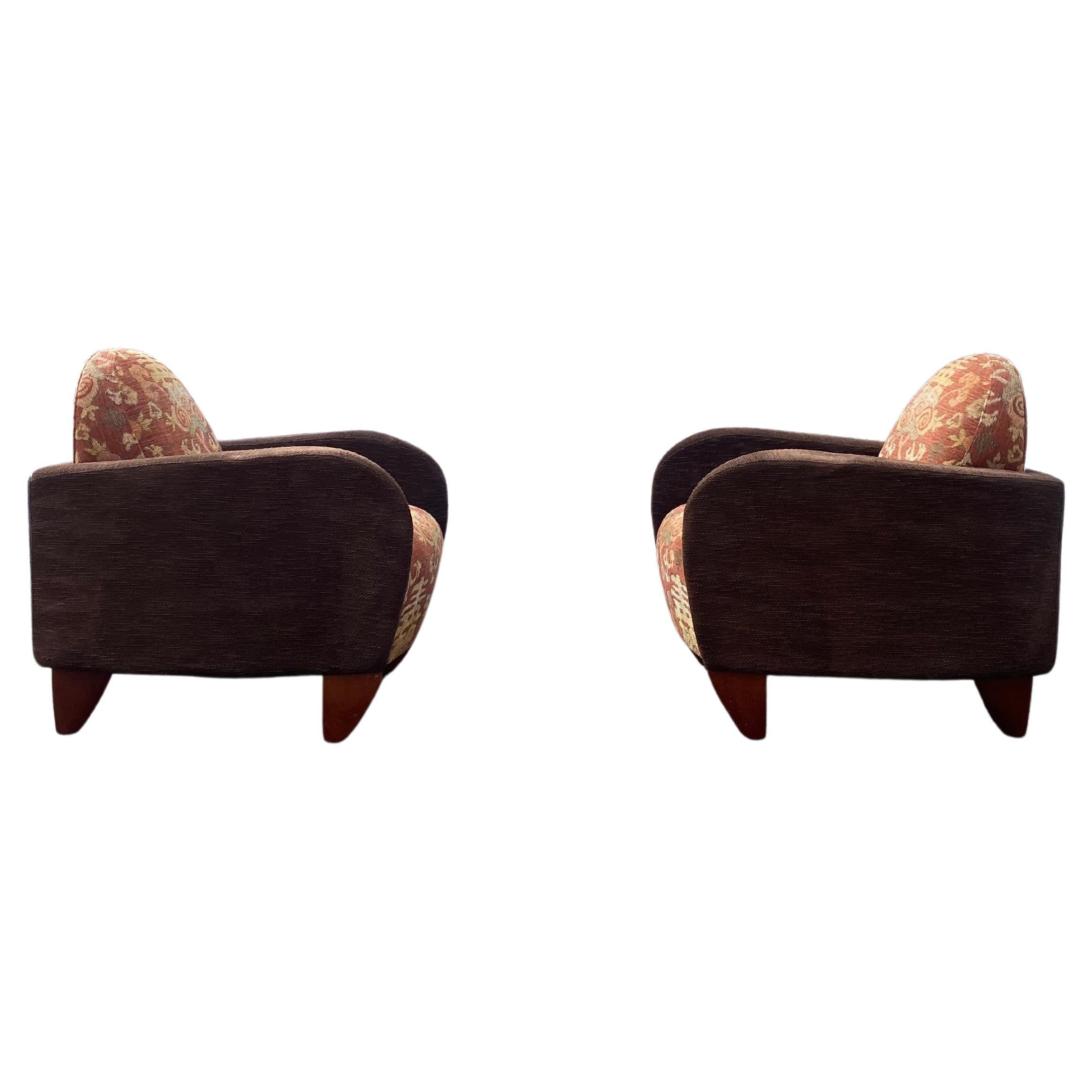 1970s Sculptural Art Deco Chenille Walnut Curved Chairs, Set of 2 For Sale