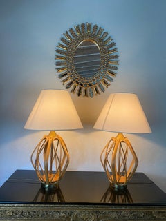 1970s Sculptural Bent Rattan and Brass Lamps, Set of 2