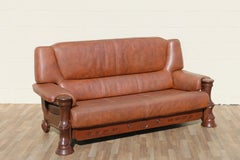 1970s Sculptural Brown Leather Sofa With Solid Wood Frame, Modernist Postmodern