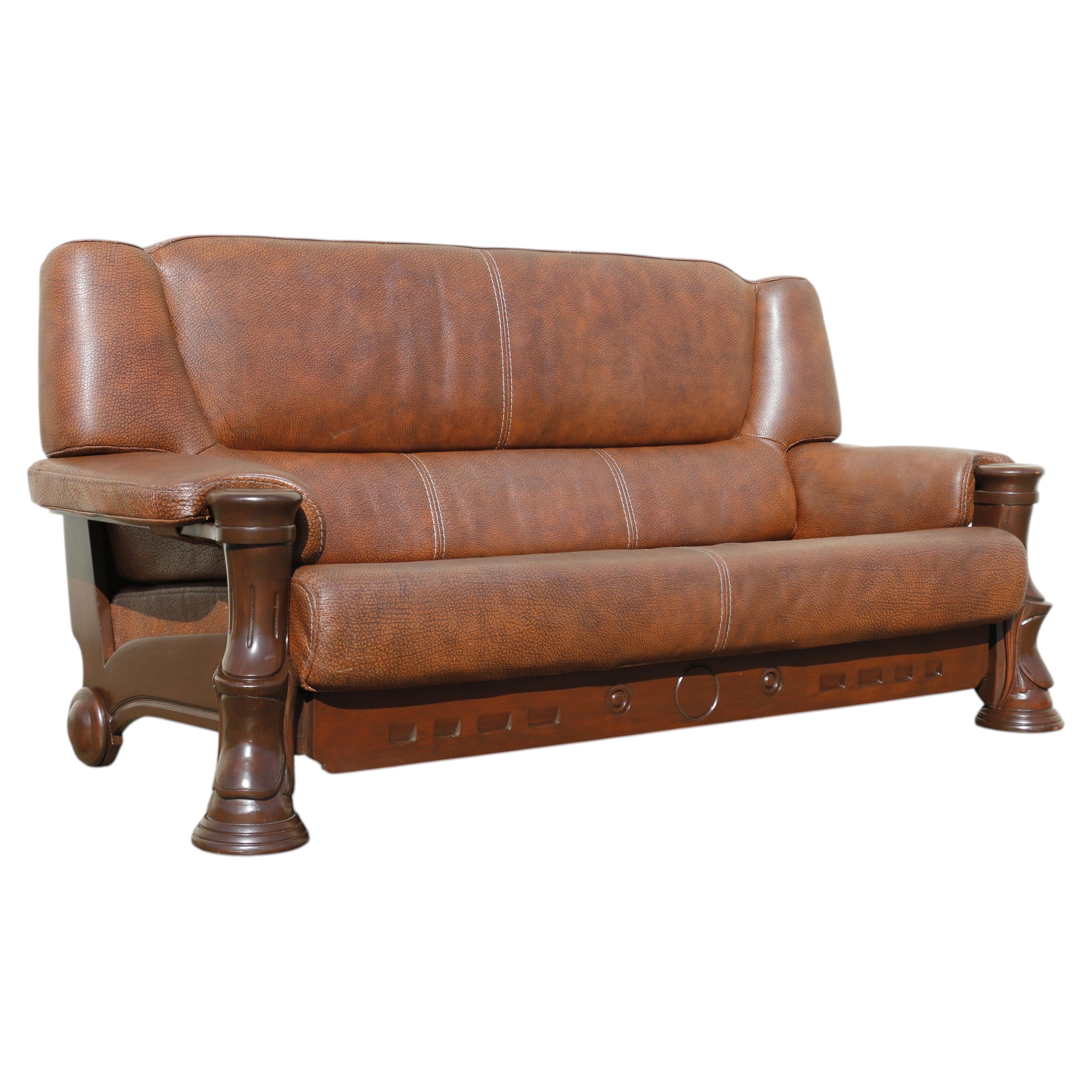 1970s Sculptural Brown Leather Sofa With Solid Wood Frame, Modernist Postmodern