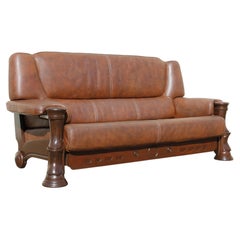 1970s Sculptural Brown Leather Sofa With Solid Wood Frame, Modernist Postmodern