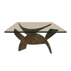 1970s Sculptural Brutalist Metal Base Coffee Table with Square Glass Top