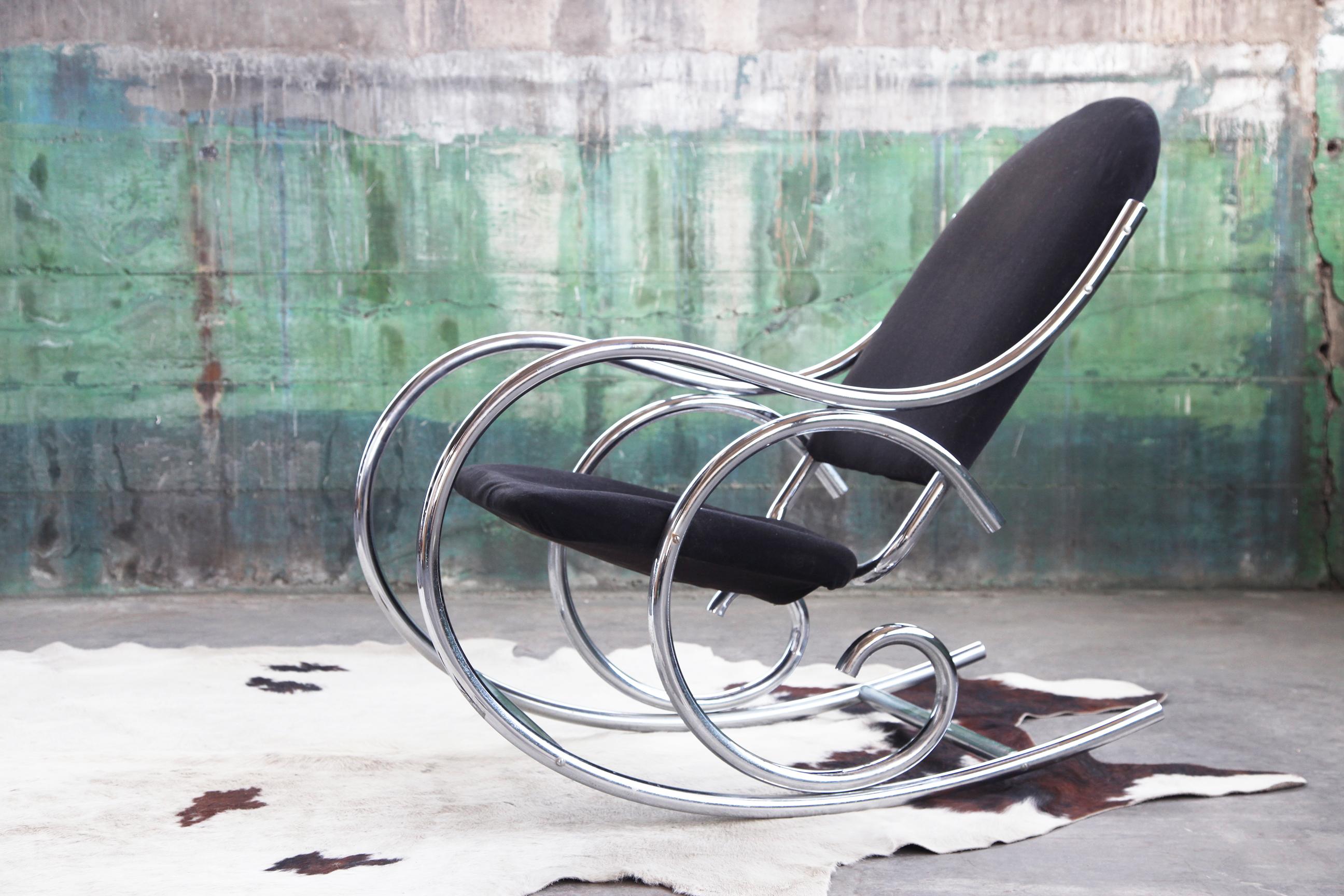 1970s Sculptural Chrome and Black Velour Rocking Chair Rocker in the Manner of M For Sale 4