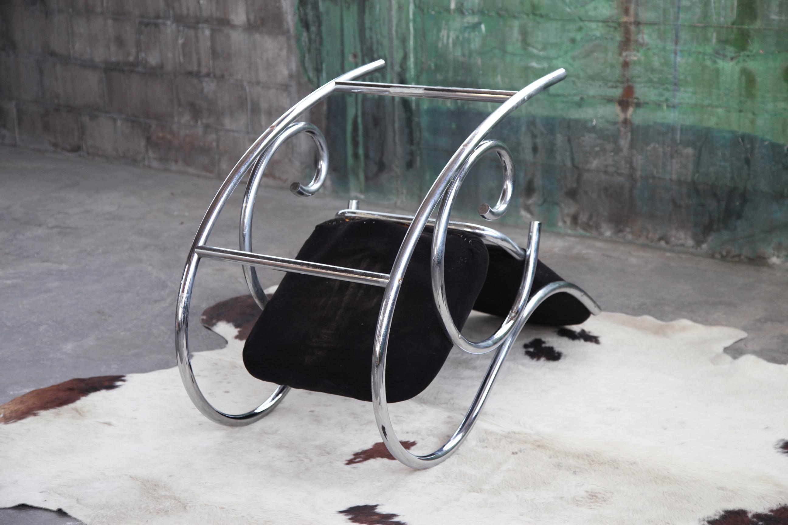 1970s Sculptural Chrome and Black Velour Rocking Chair Rocker in the Manner of M For Sale 5