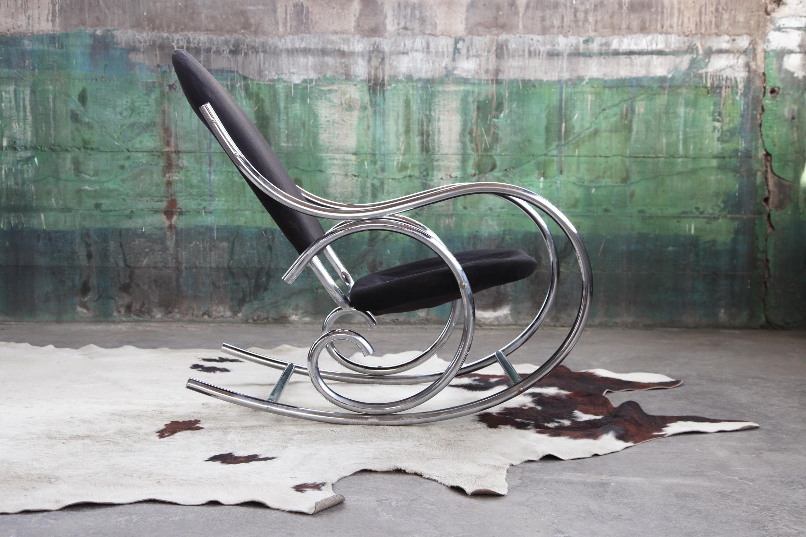Late 20th Century 1970s Sculptural Chrome and Black Velour Rocking Chair Rocker in the Manner of M For Sale