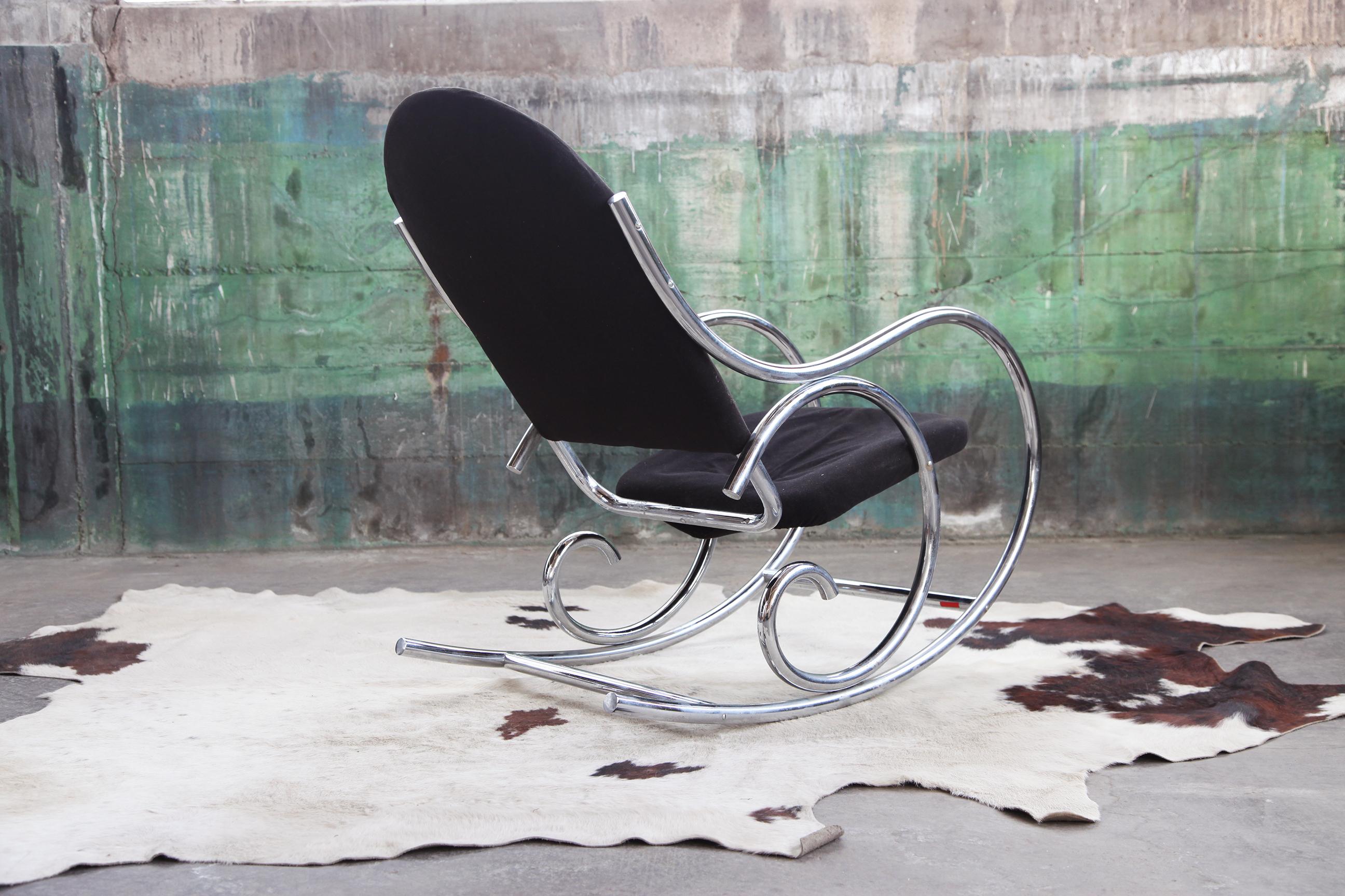 1970s Sculptural Chrome and Black Velour Rocking Chair Rocker in the Manner of M For Sale 1