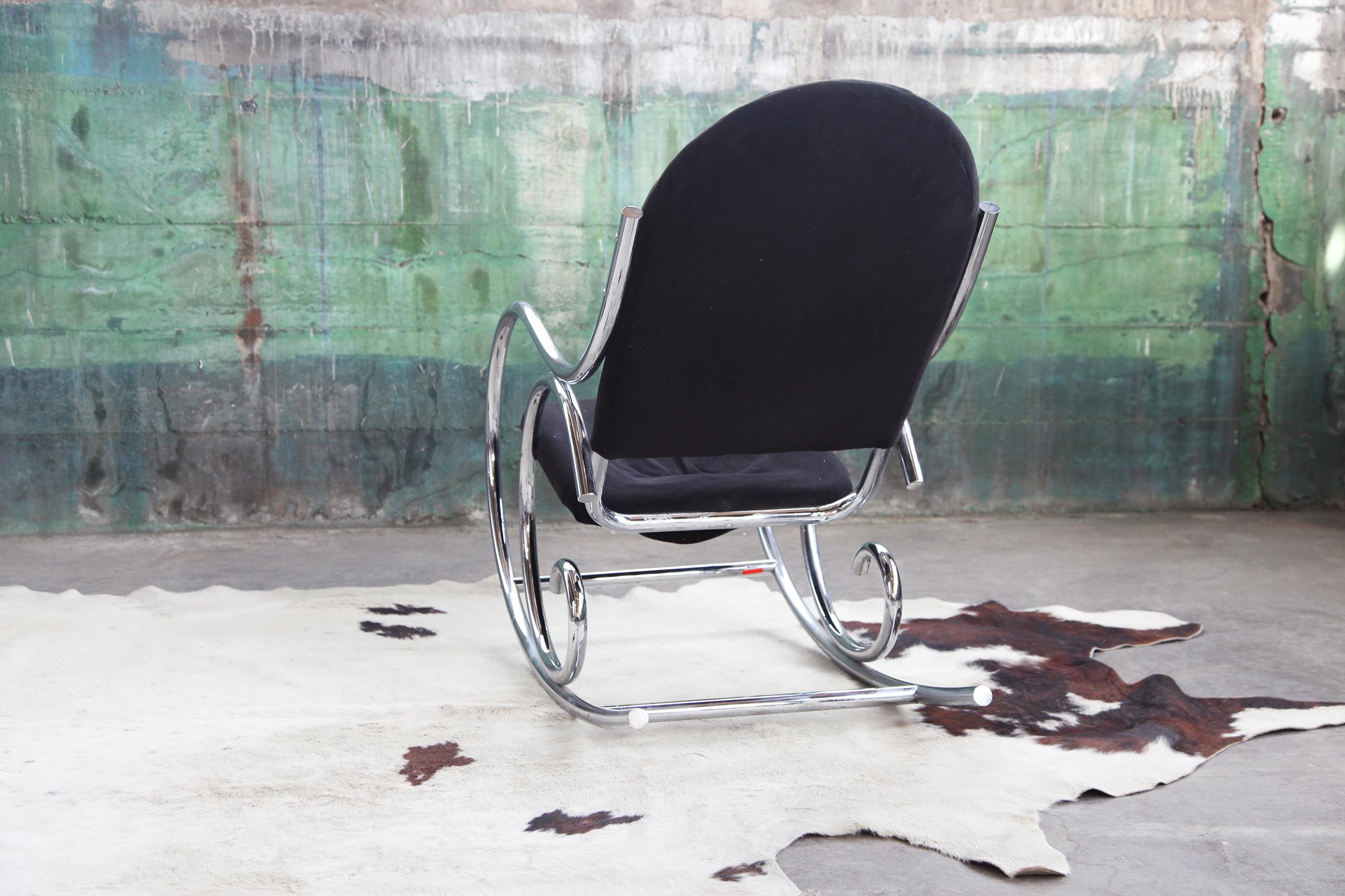 1970s Sculptural Chrome and Black Velour Rocking Chair Rocker in the Manner of M For Sale 2