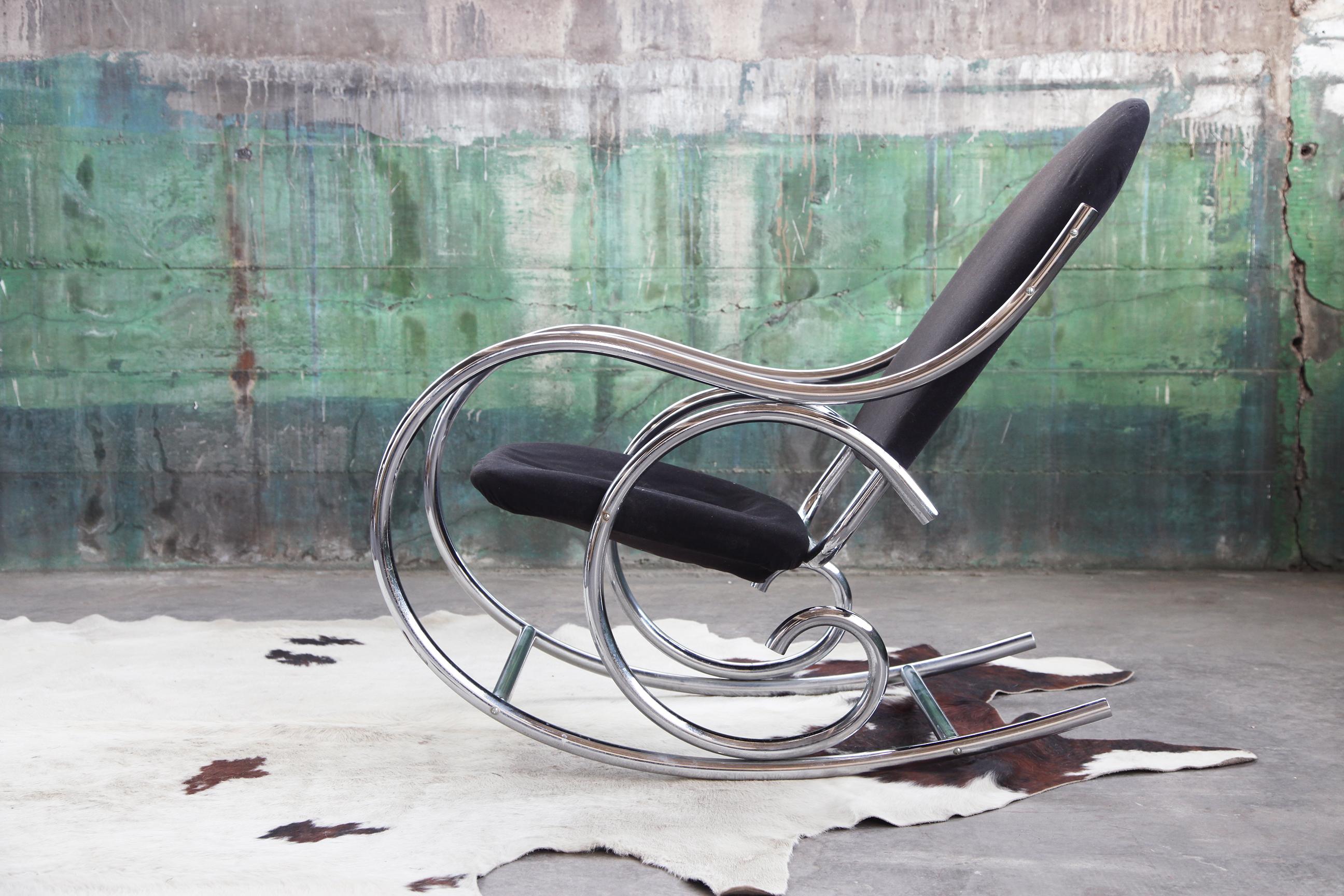 1970s Sculptural Chrome and Black Velour Rocking Chair Rocker in the Manner of M For Sale 3