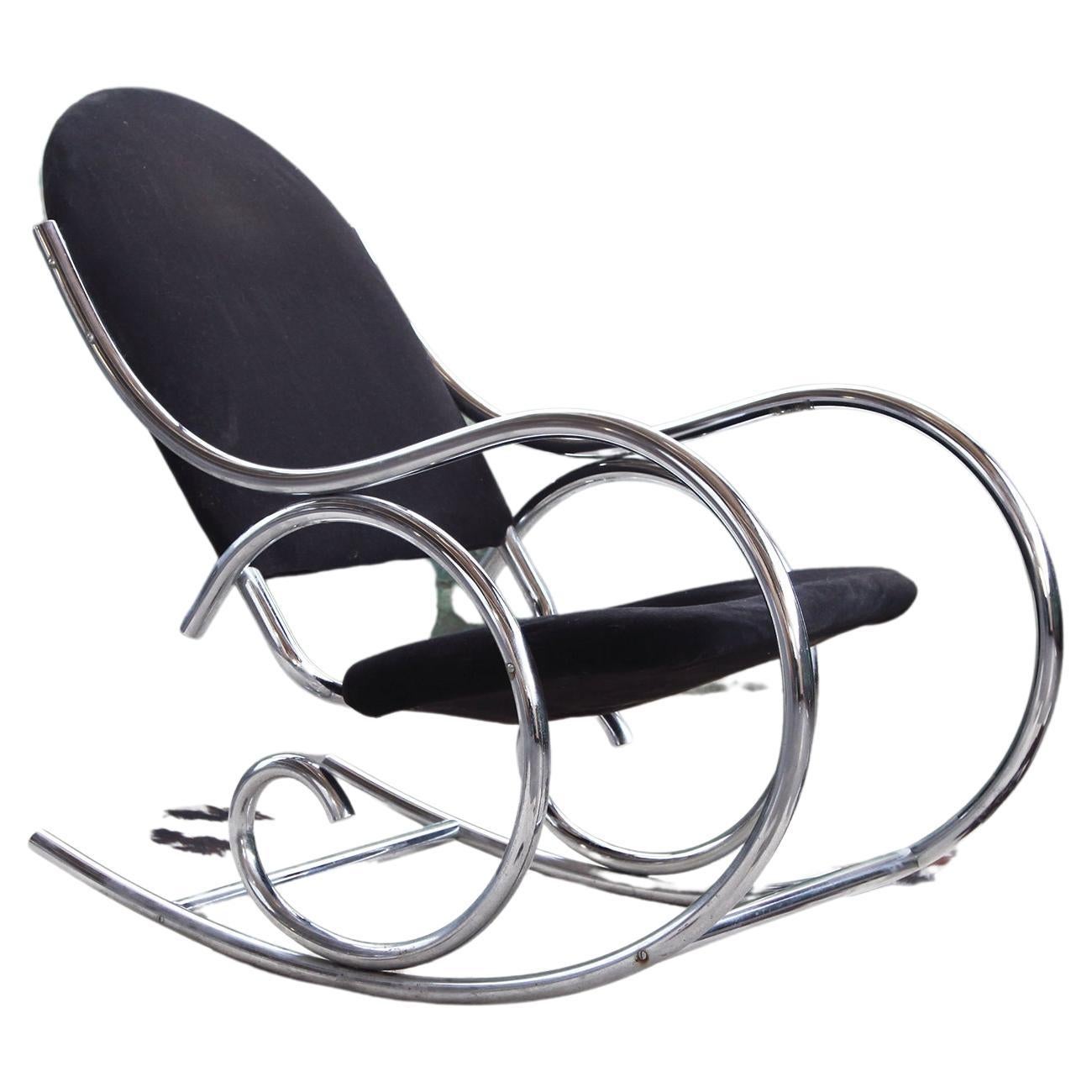 1970s Sculptural Chrome and Black Velour Rocking Chair Rocker in the Manner of M