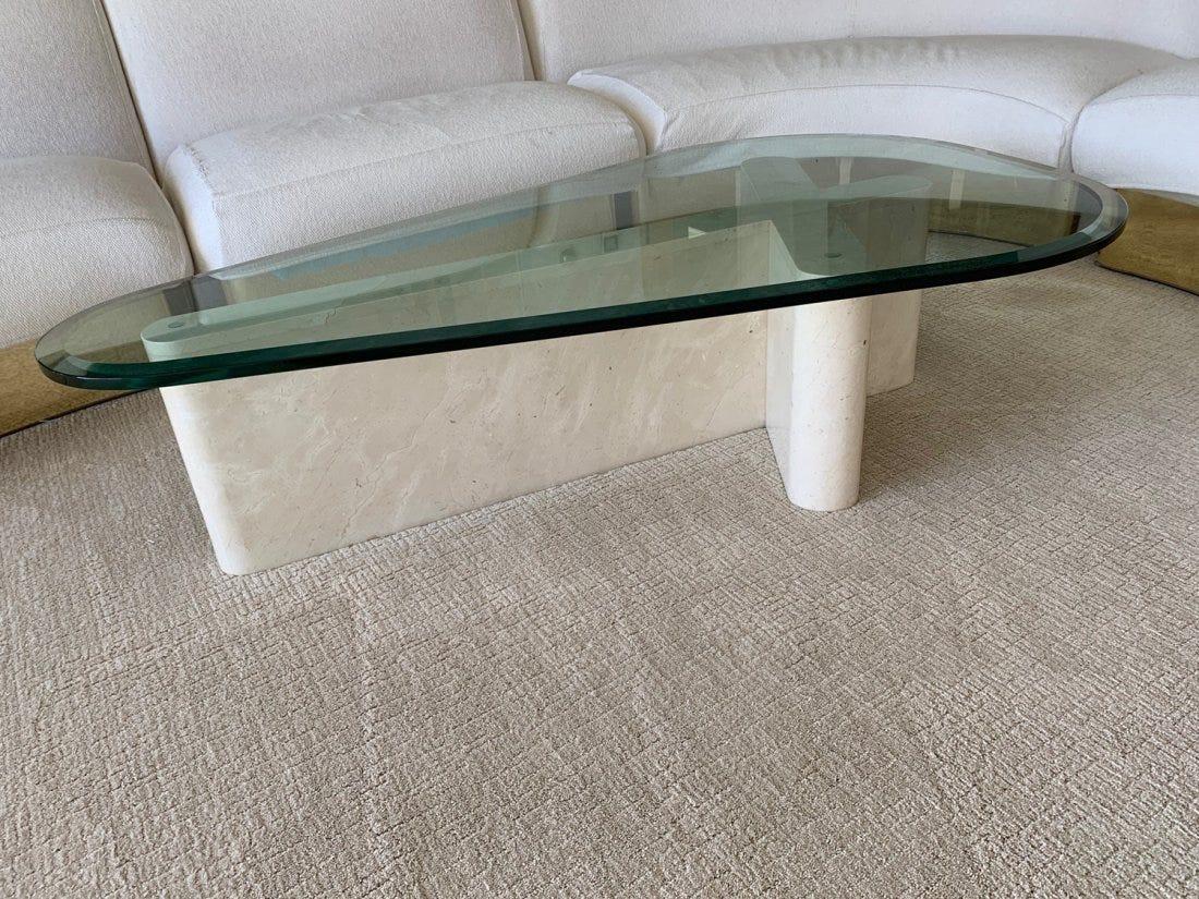 Mid-Century Modern 1970s Sculptural Coffee Table in Travertine and Glass