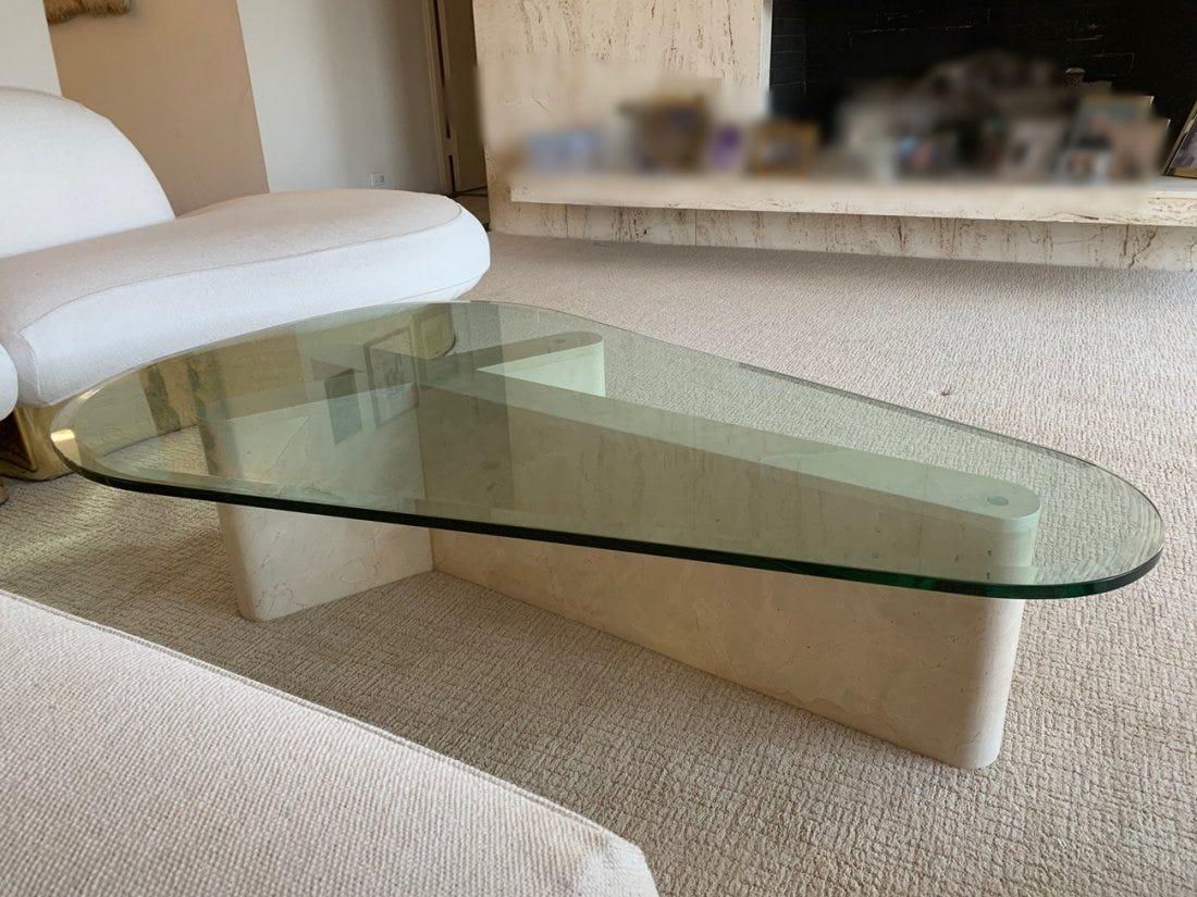 North American 1970s Sculptural Coffee Table in Travertine and Glass